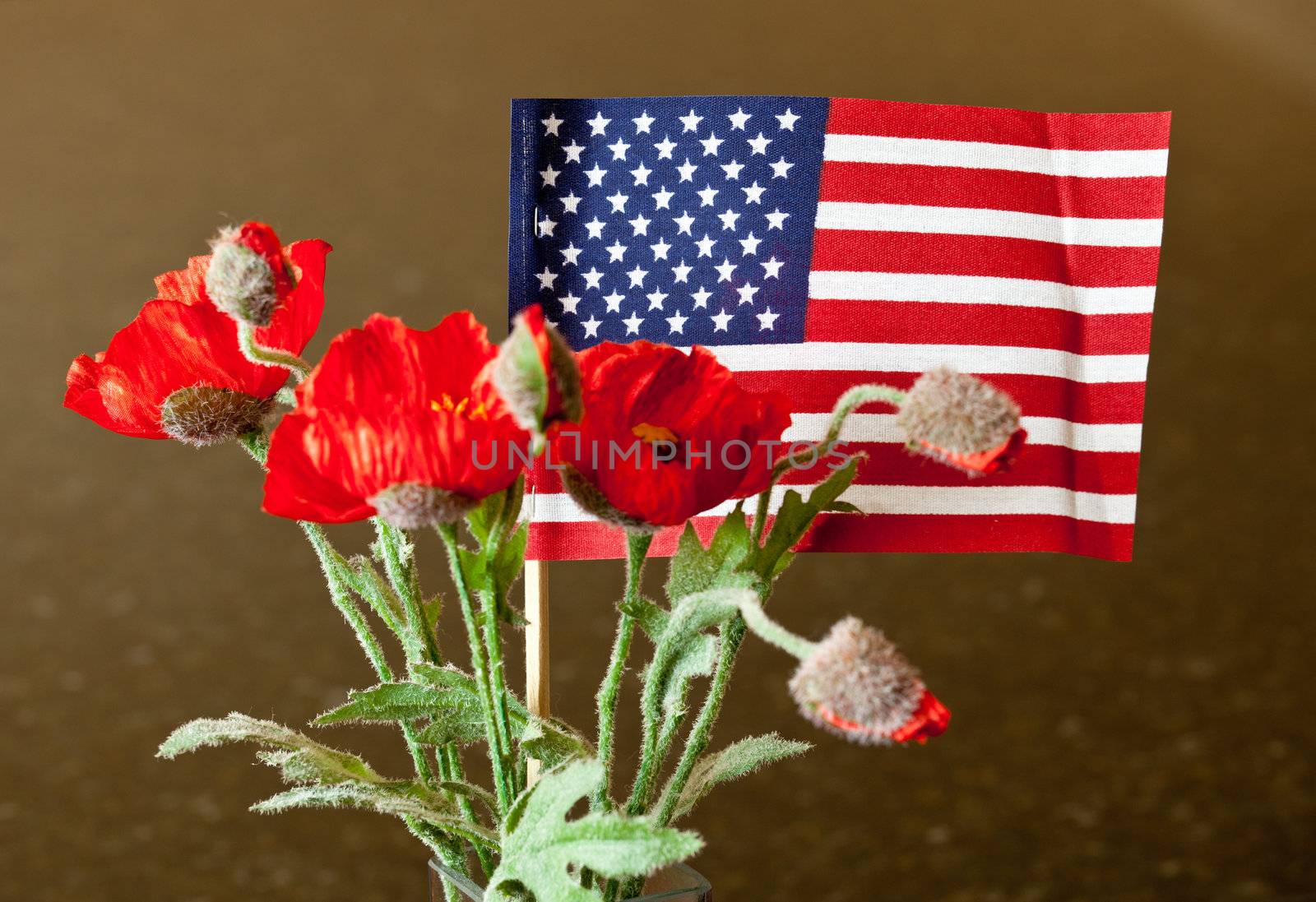 Small toy flag of stars and stripes with artificial flowers surrounding the flag as if made by a child