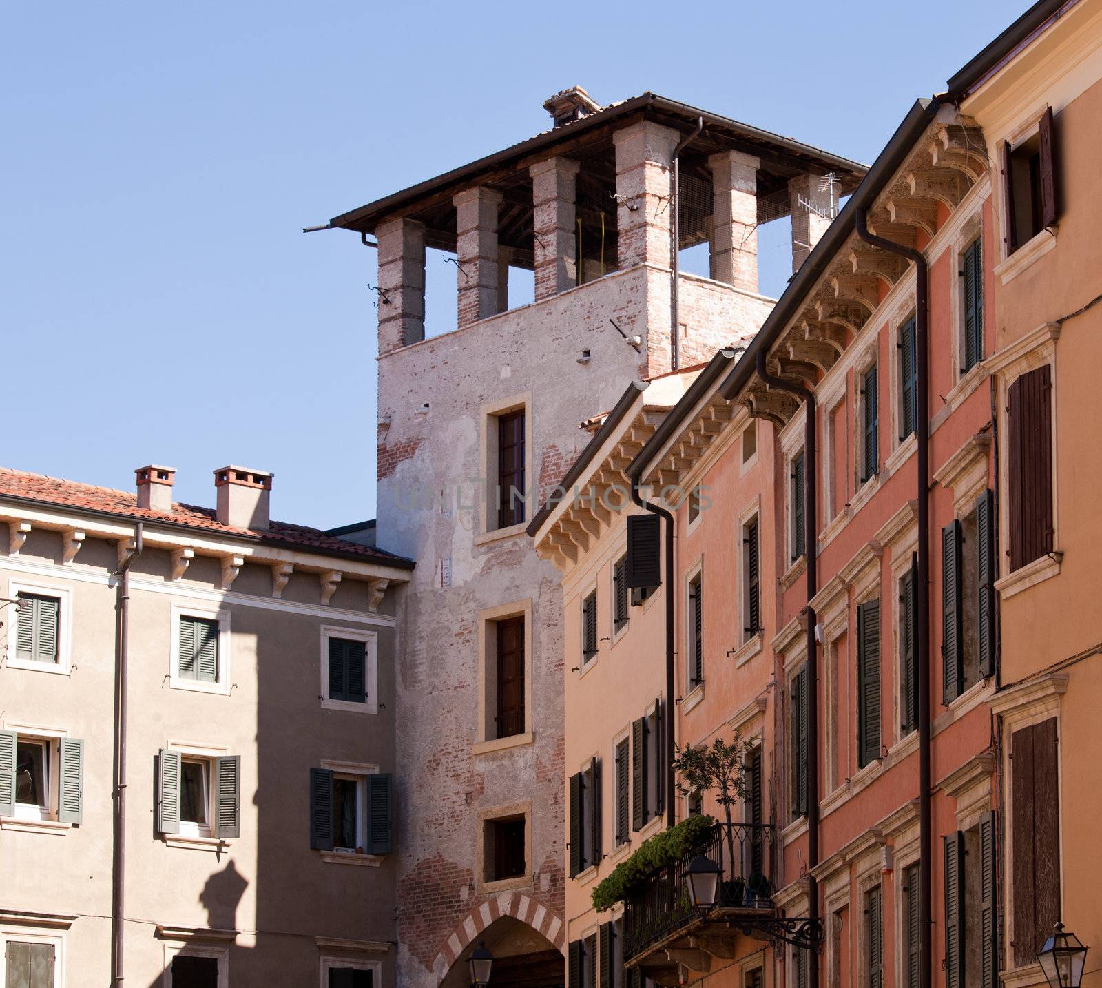 Entrance to Ponte Pietro bridge in old town of Verona in Italy