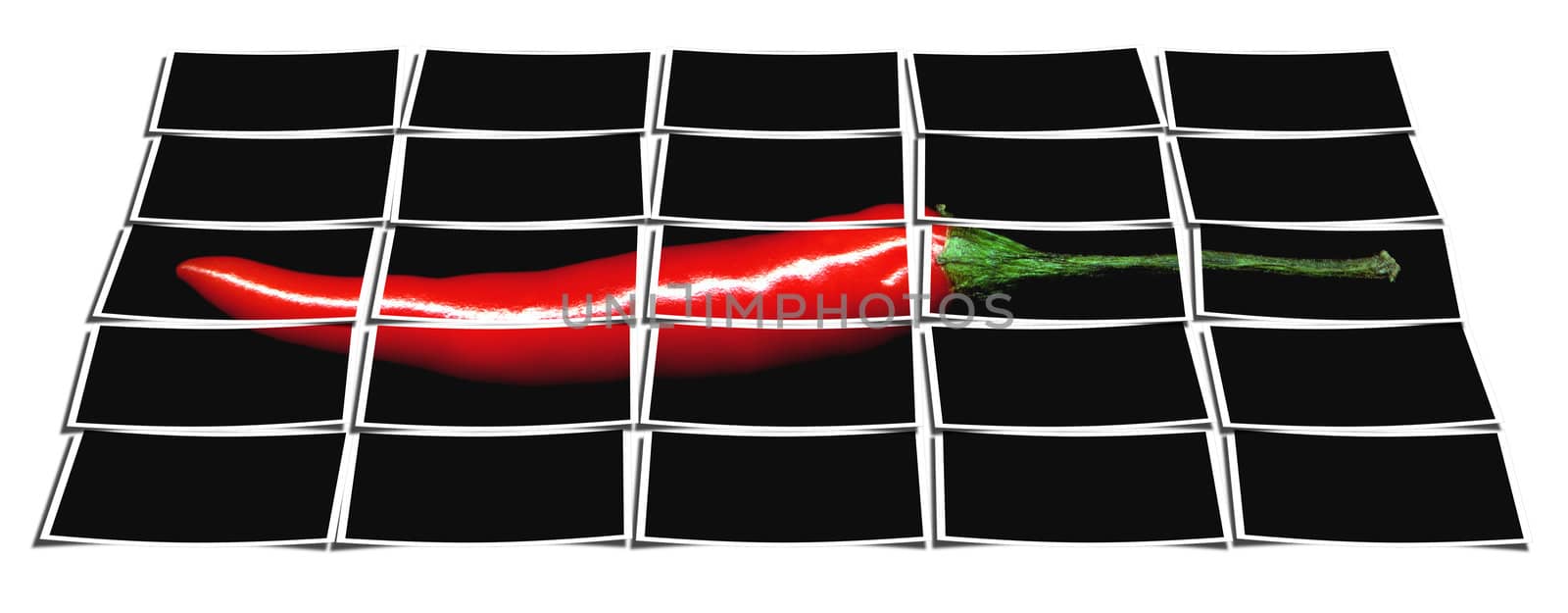 red chili pepper on black background cut out composition over white