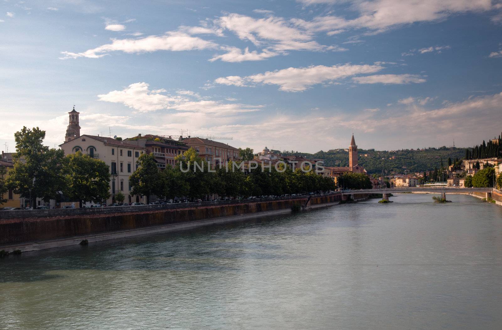 Adige river and Ponte Nuovo with Roman Theatre in background