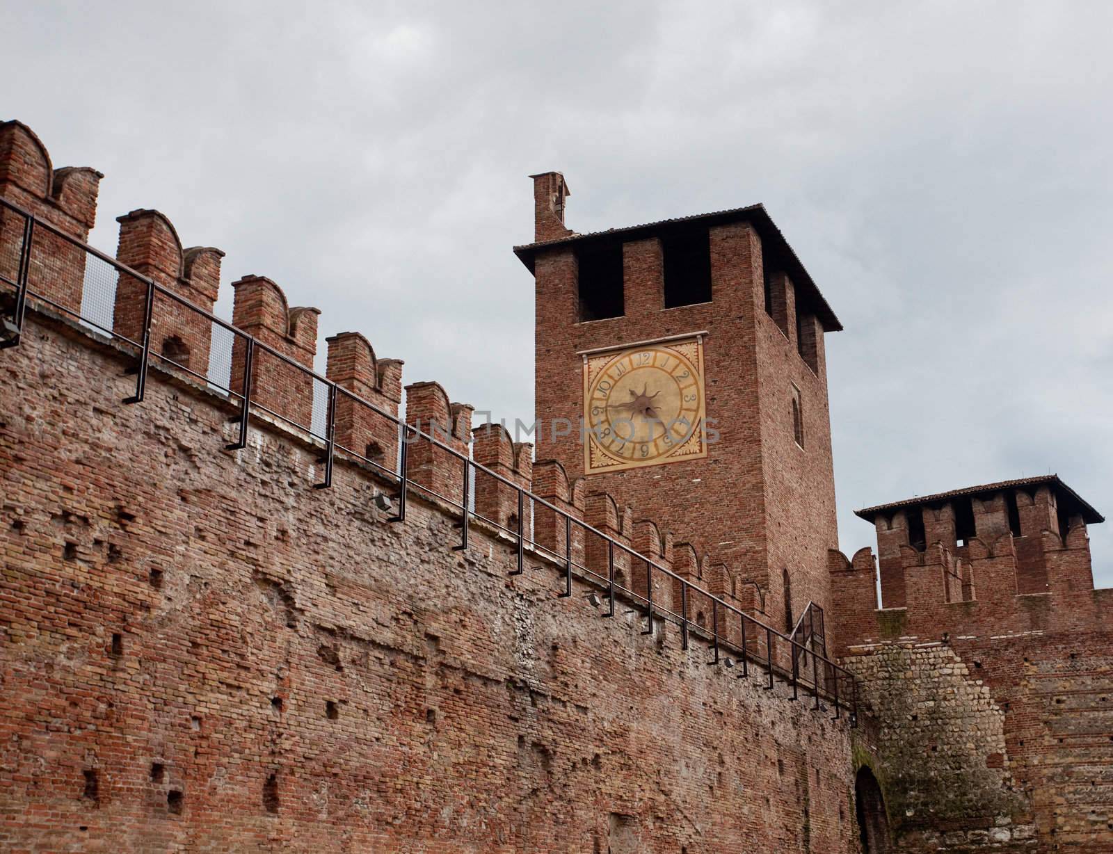 Castel Vecchio in Verona with battlements against the cloudy sky