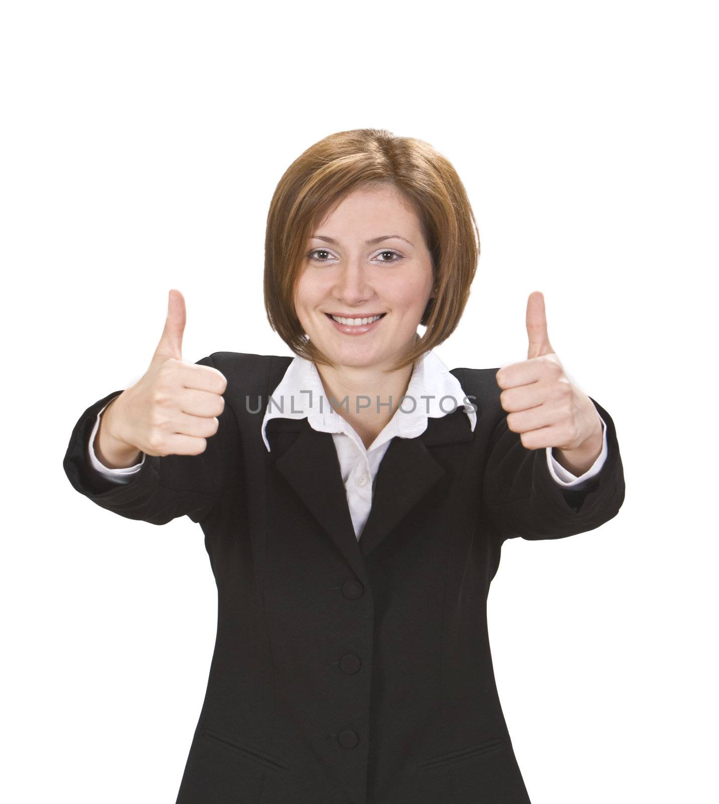 Happy businesswoman with thumbs-up isolated against a white background.