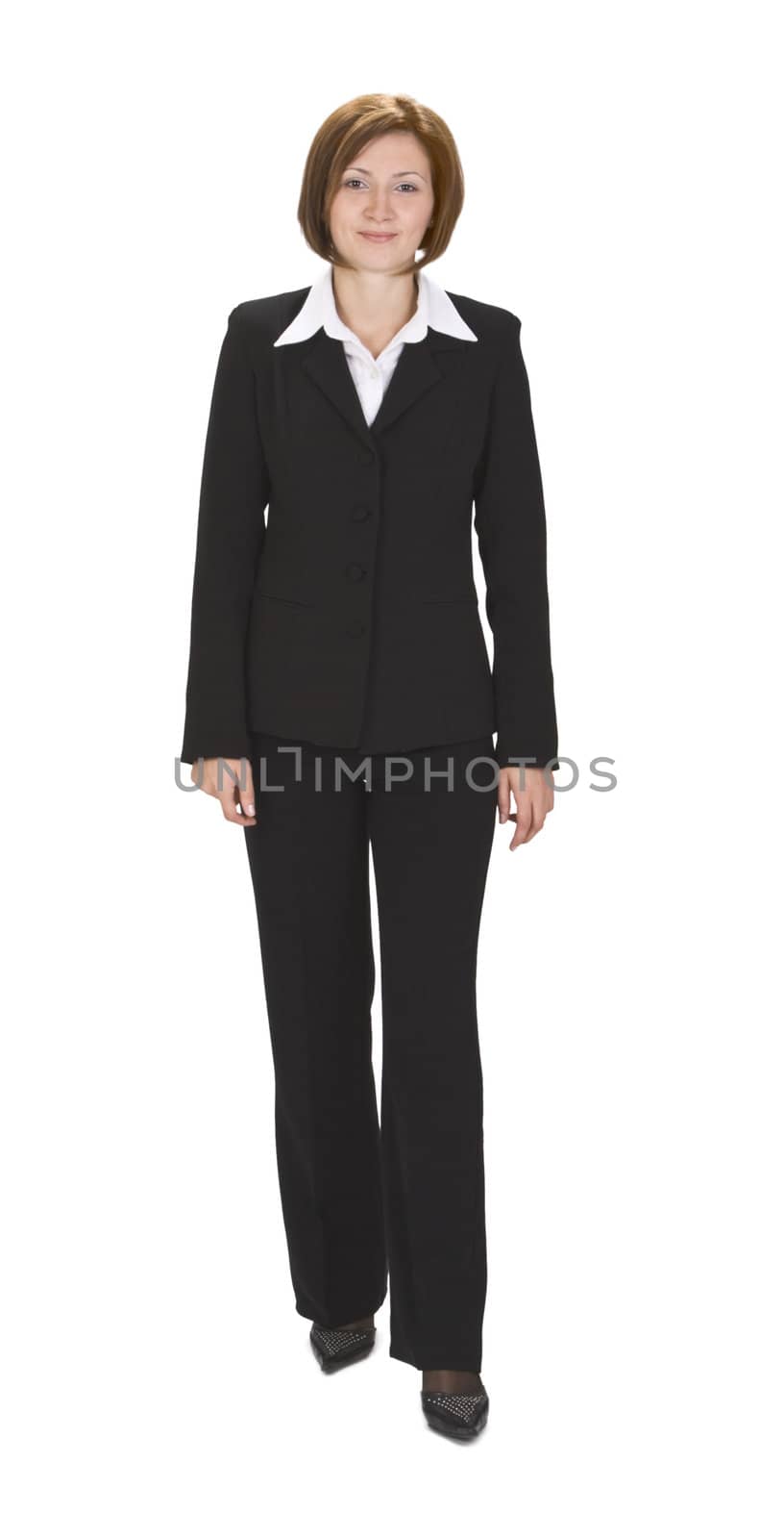 YOung businesswoman walking against a white background.