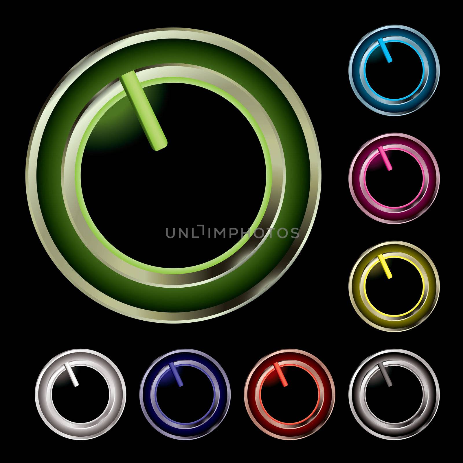 Collection of eight twist buttons with neon glow