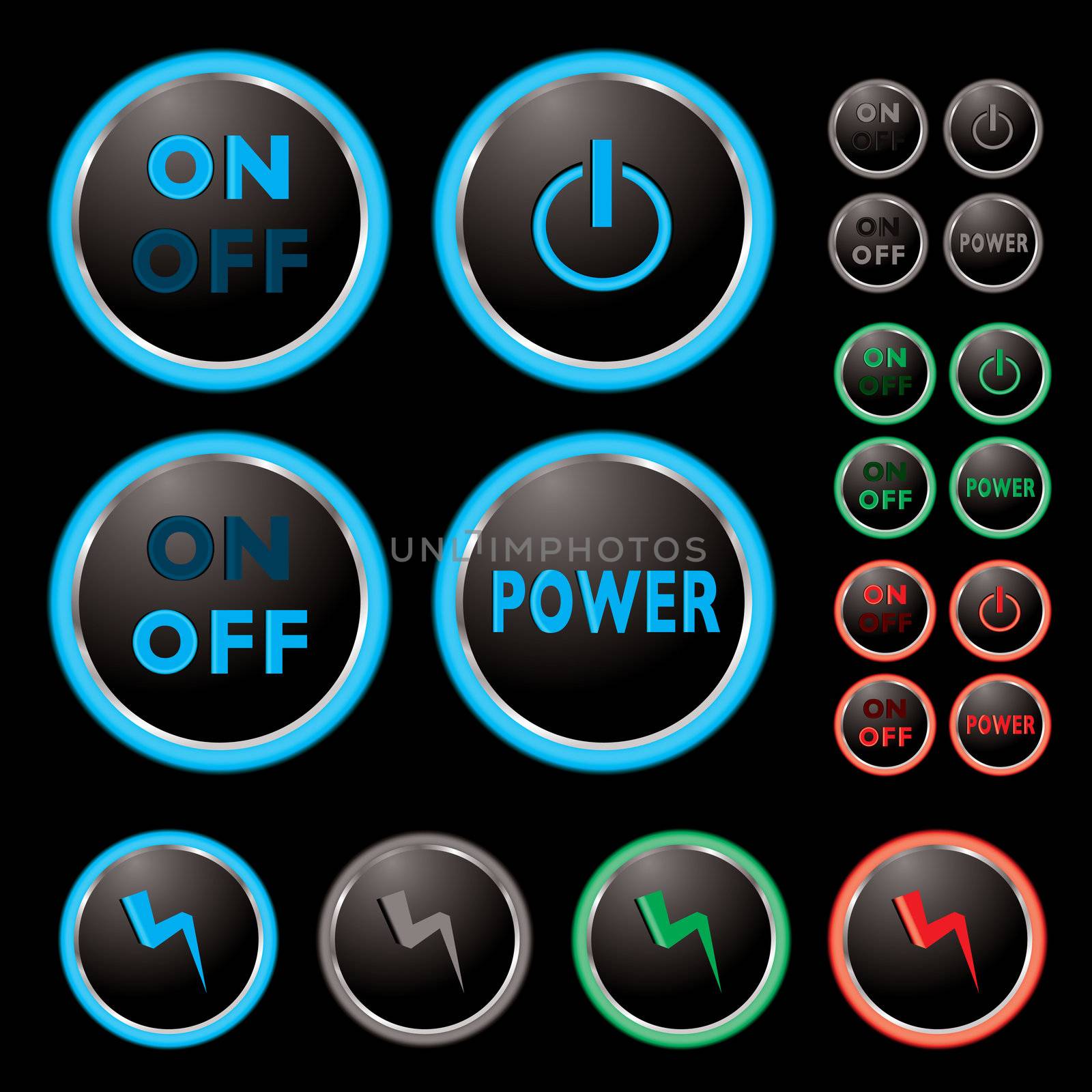 Power buttons with neon surround and colour variations