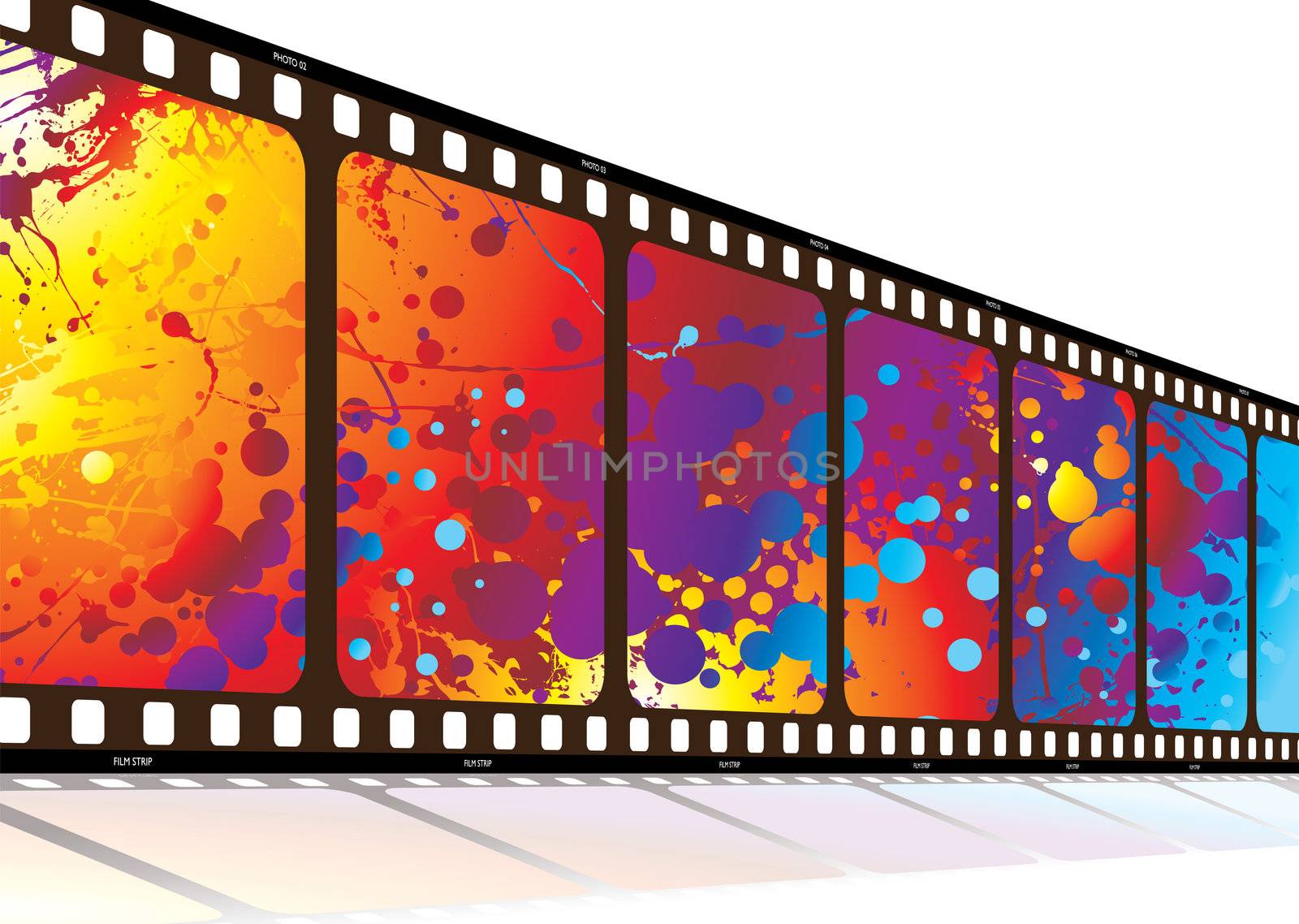 Film in perspective with bright colored rainbow ink splat design