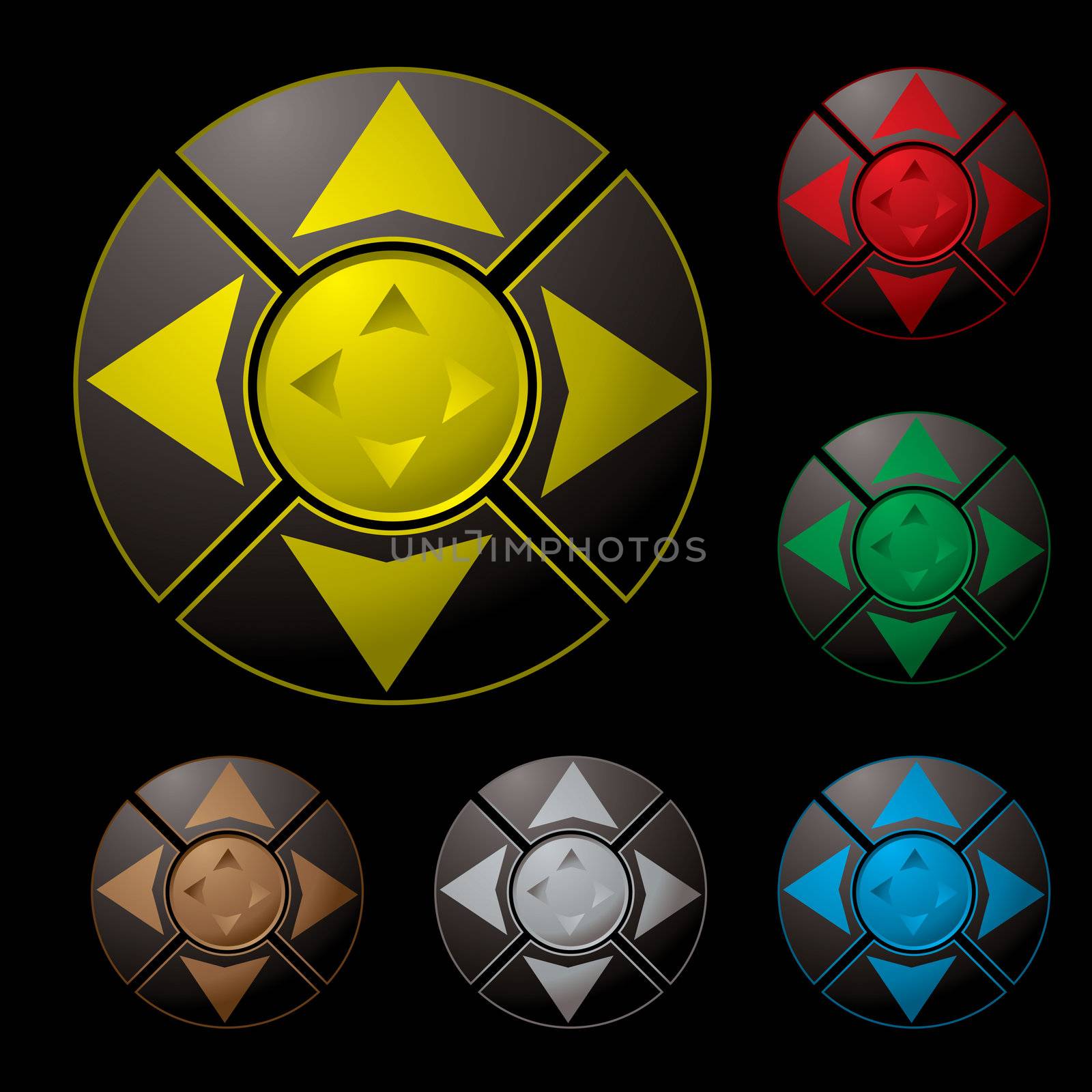 Collection of six bright buttons with arrow direction