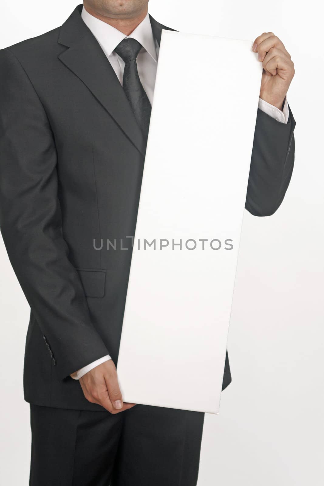business man with white card over a white background