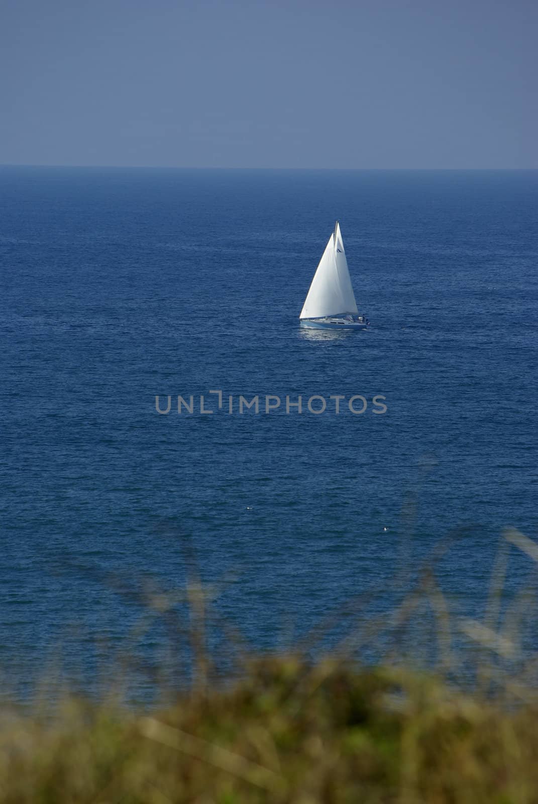 This is a white yacht on a very quiet blue sea