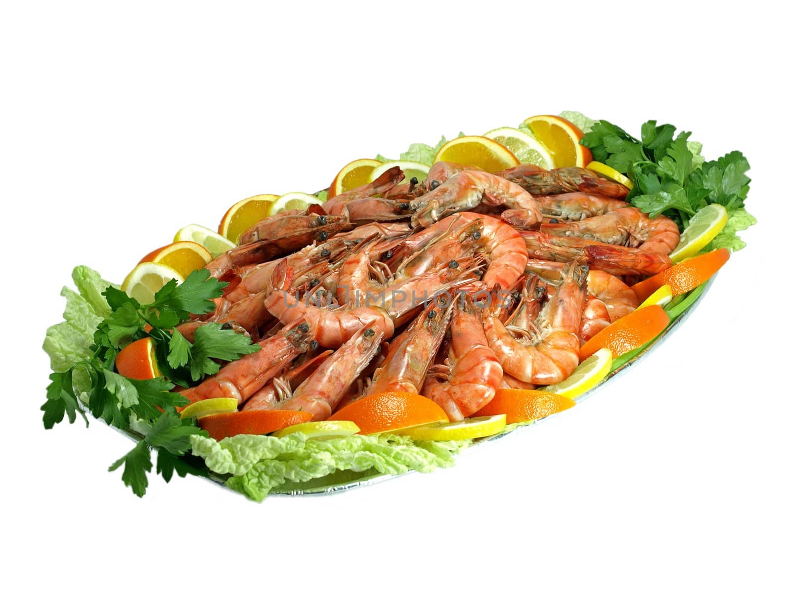 Freshly boiled shrimps garnished with slices of orange and lemon.