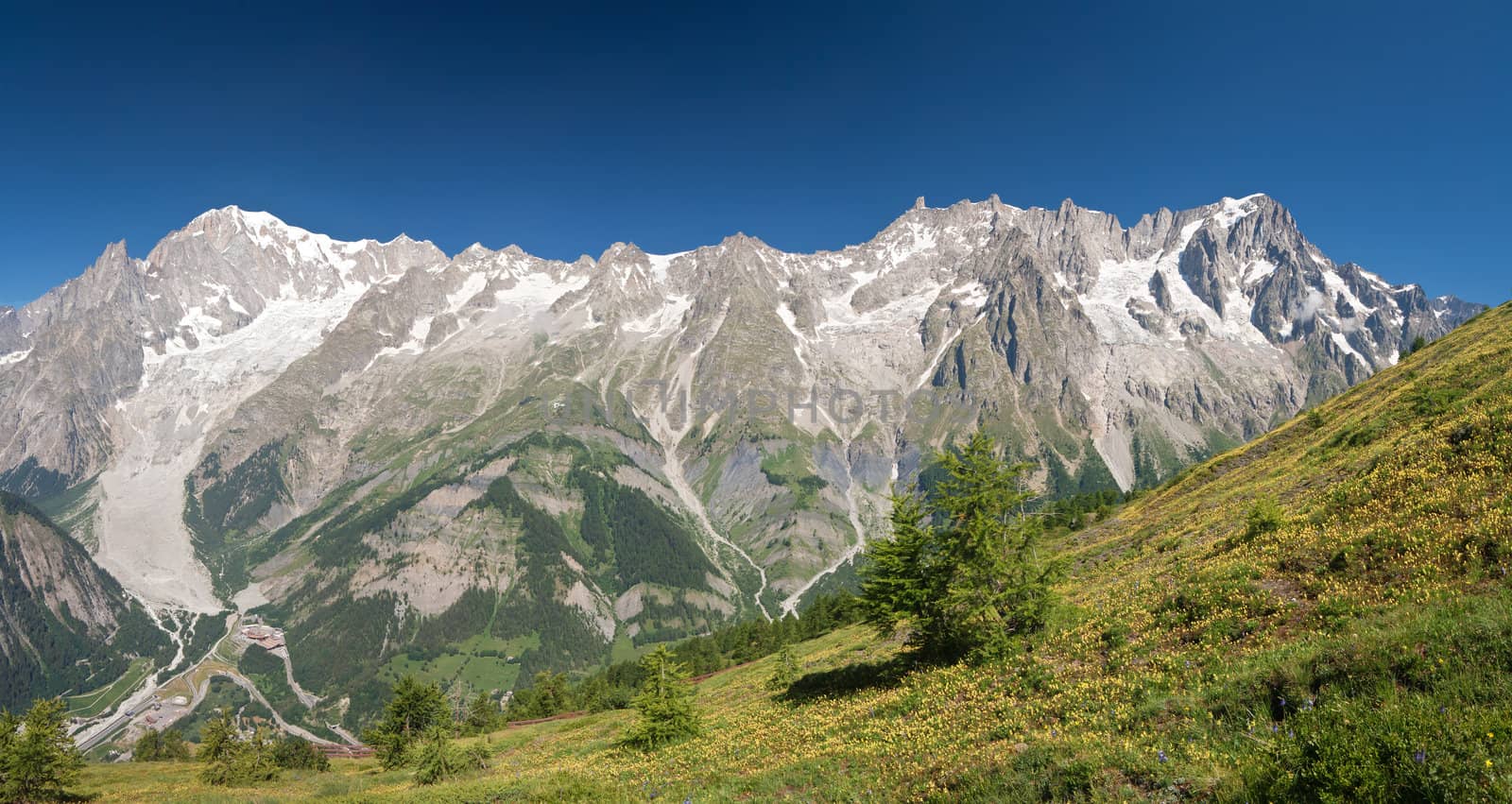 panoramic view of Mont Blanc massif from Grandes Jorasses to mont Blanc, Courmayeur, Italy