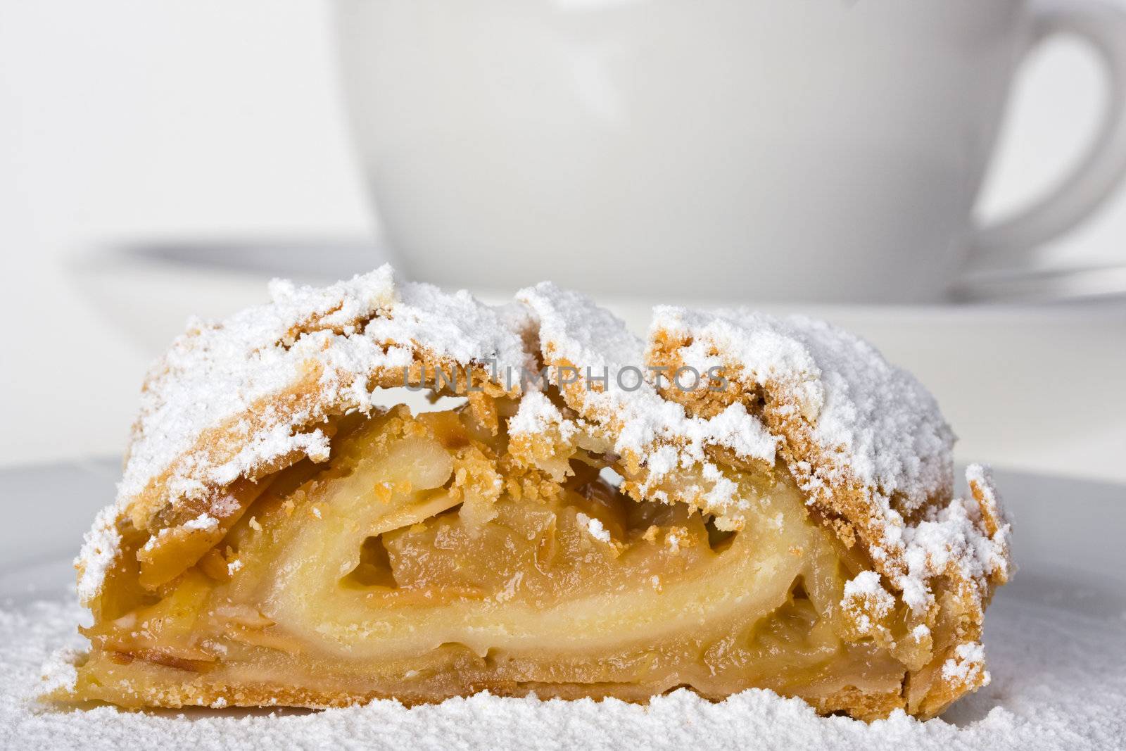 detail of an apple strudel with icing sugar