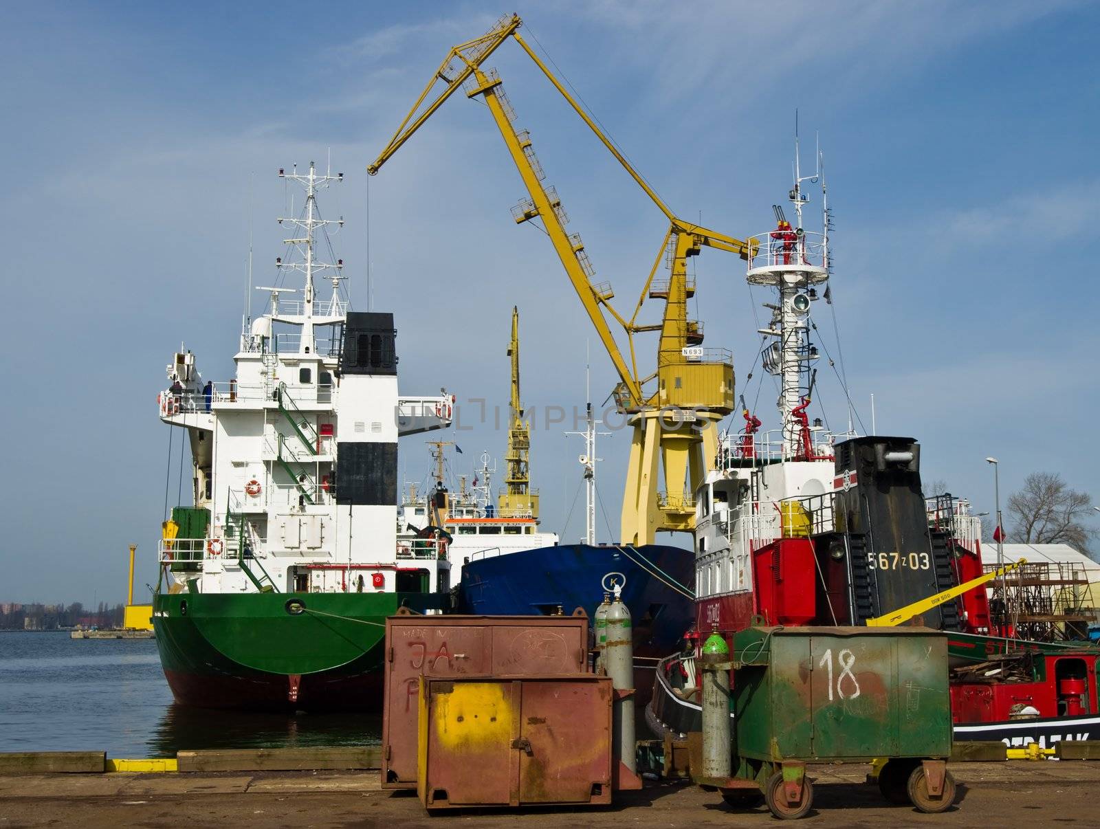 Ships at the quay of ship repair yard.