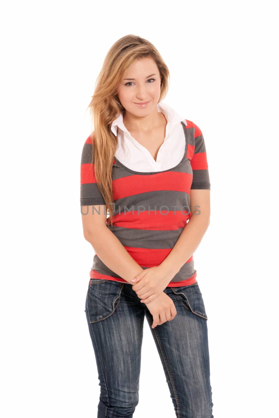 Young beautiful girl standing cheerful isolated on white background
