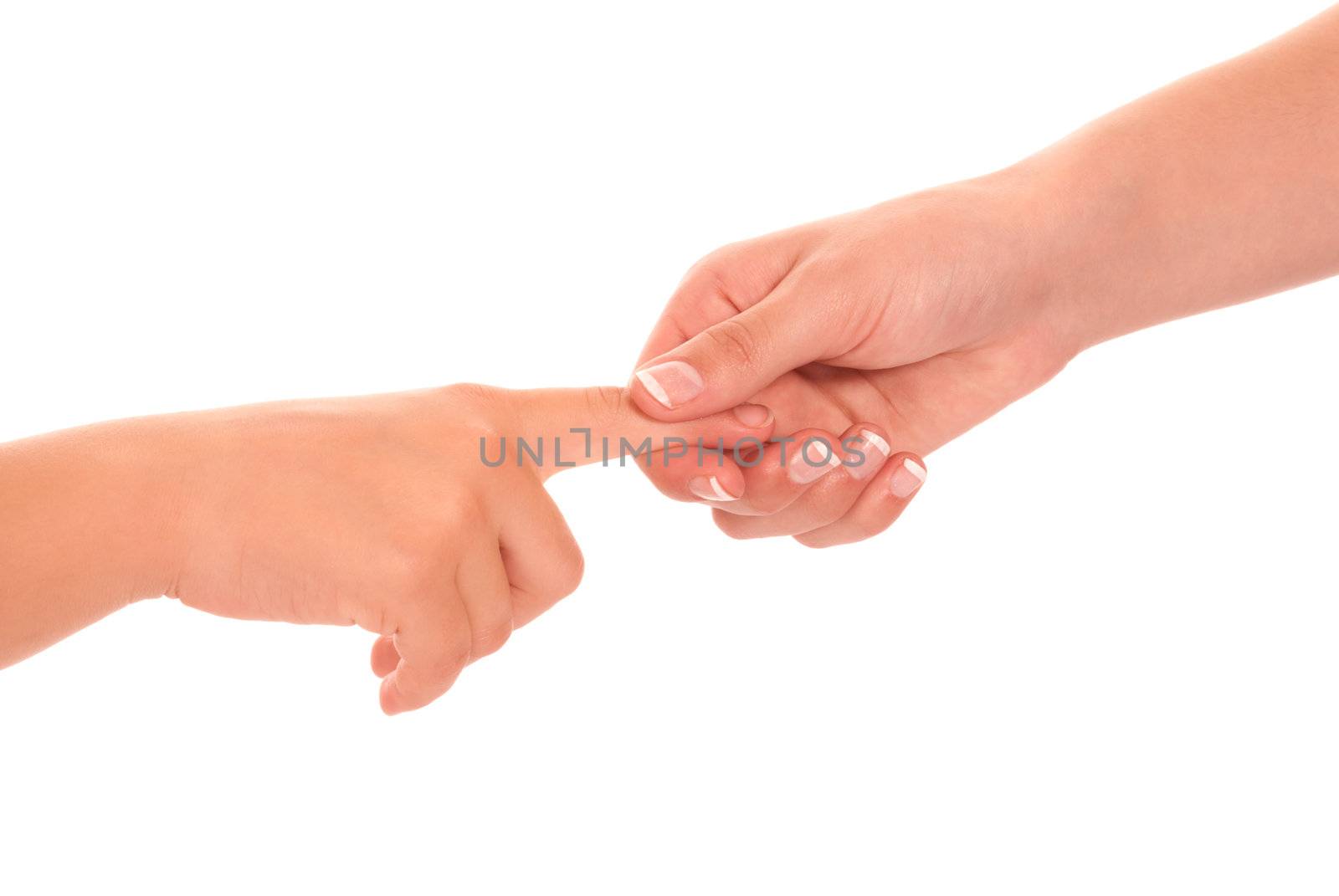 Young woman and children girl handshake isolated on white background