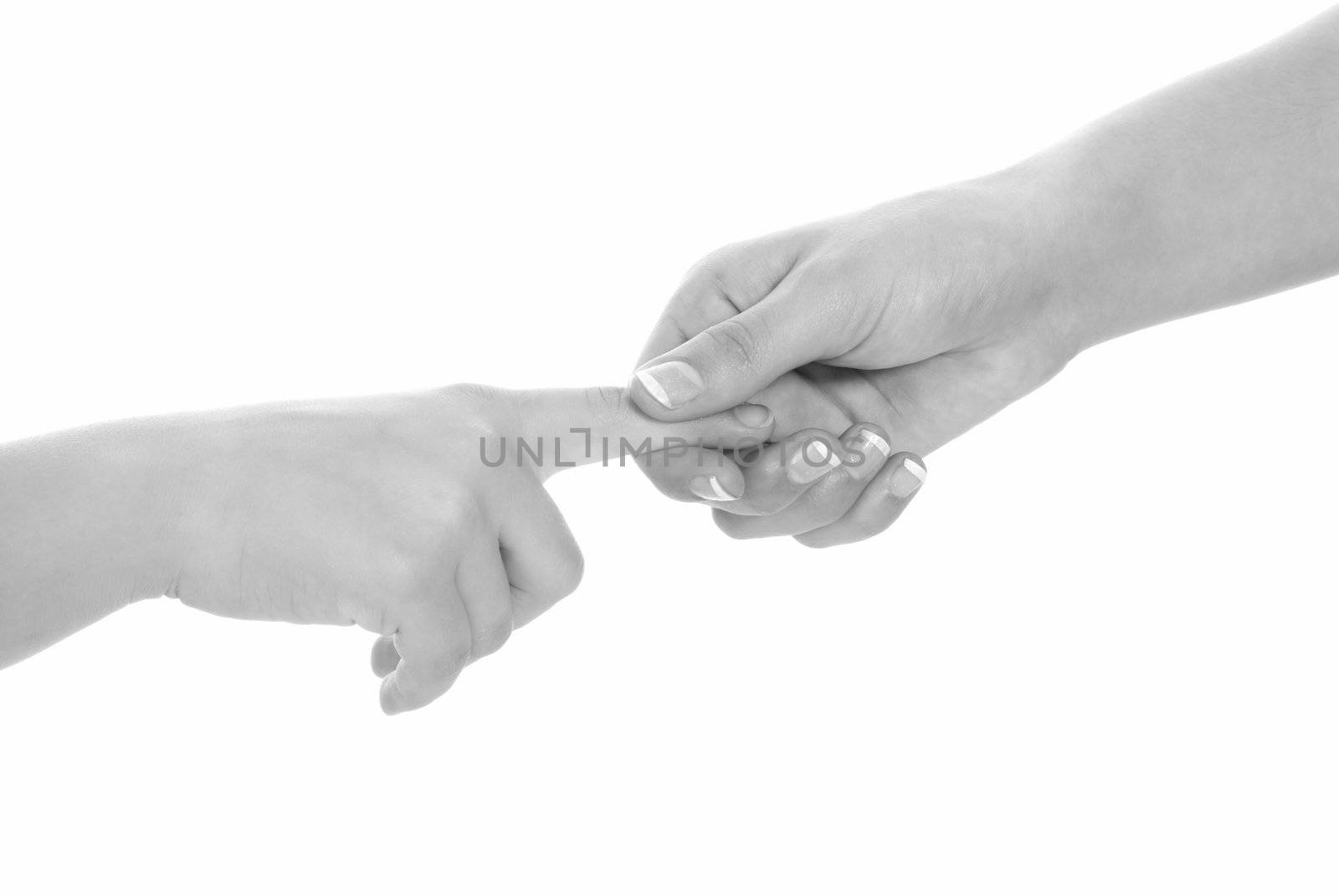 young woman and children girl handshake black and white isolated