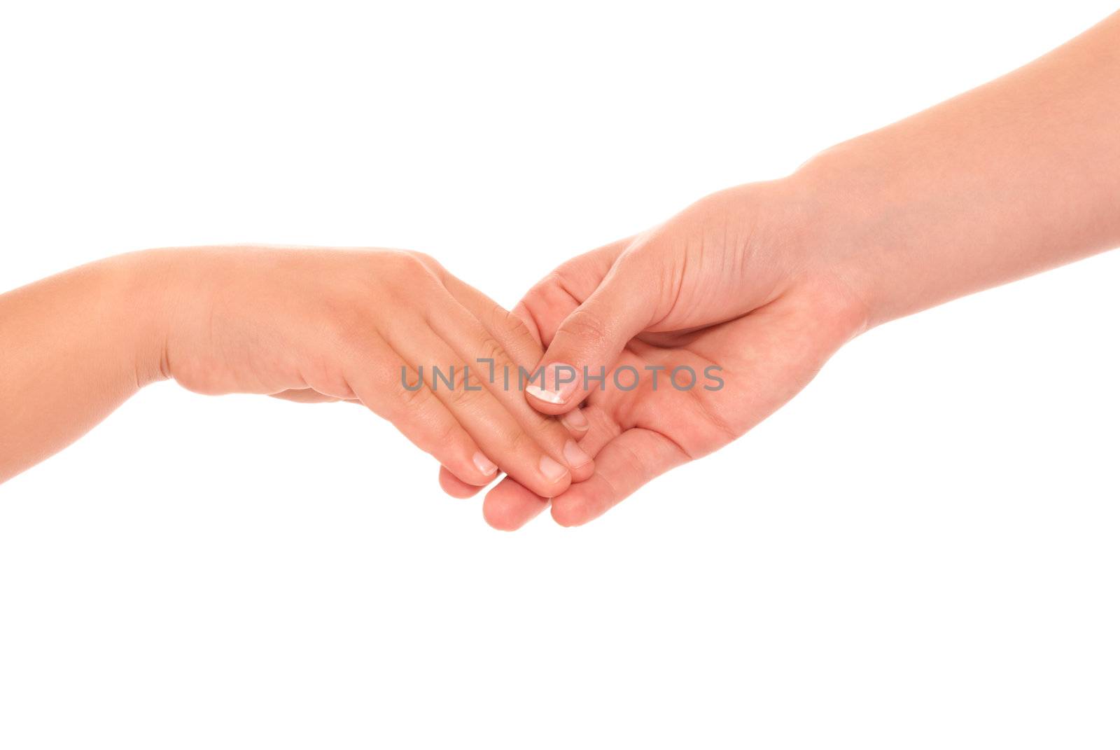 Young woman and children girl handshake isolated on white background