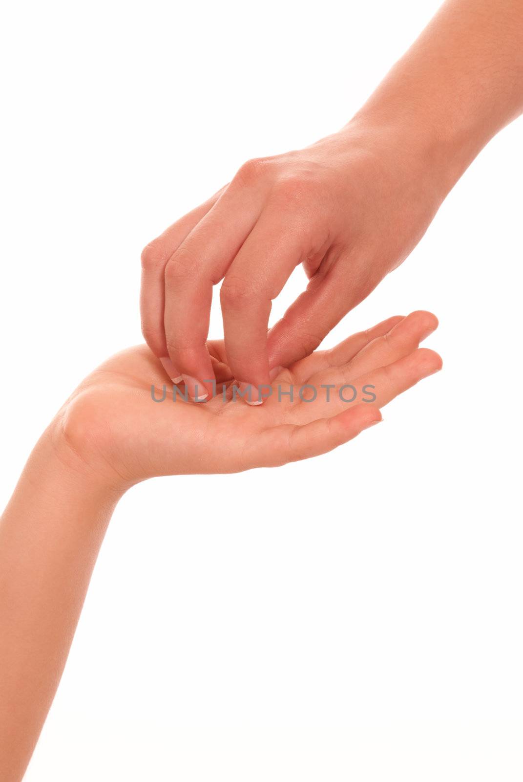 Young woman and children girl handshake isolated on white background