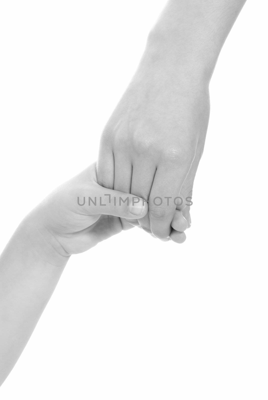 young woman and children girl handshake black and white isolated