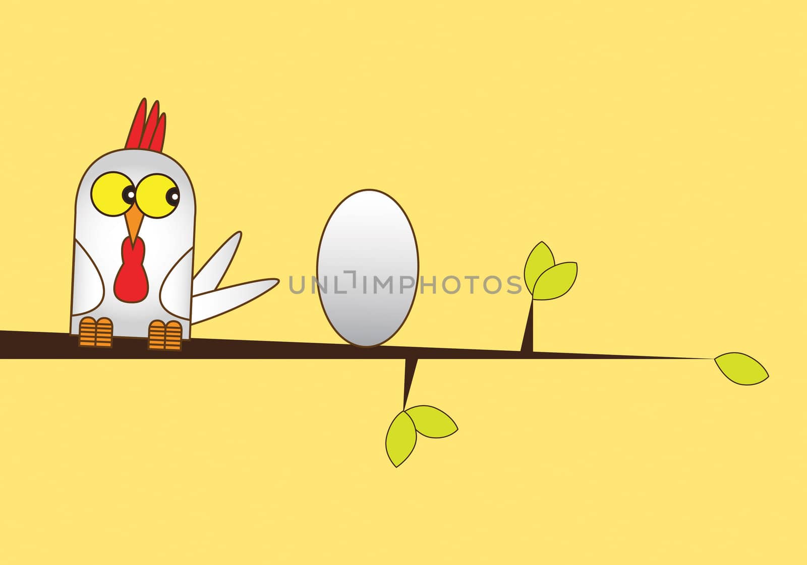 Hand drawn Illustration of a white chicken and egg perched on a branch of a tree, set on a plain yellow coloured background.