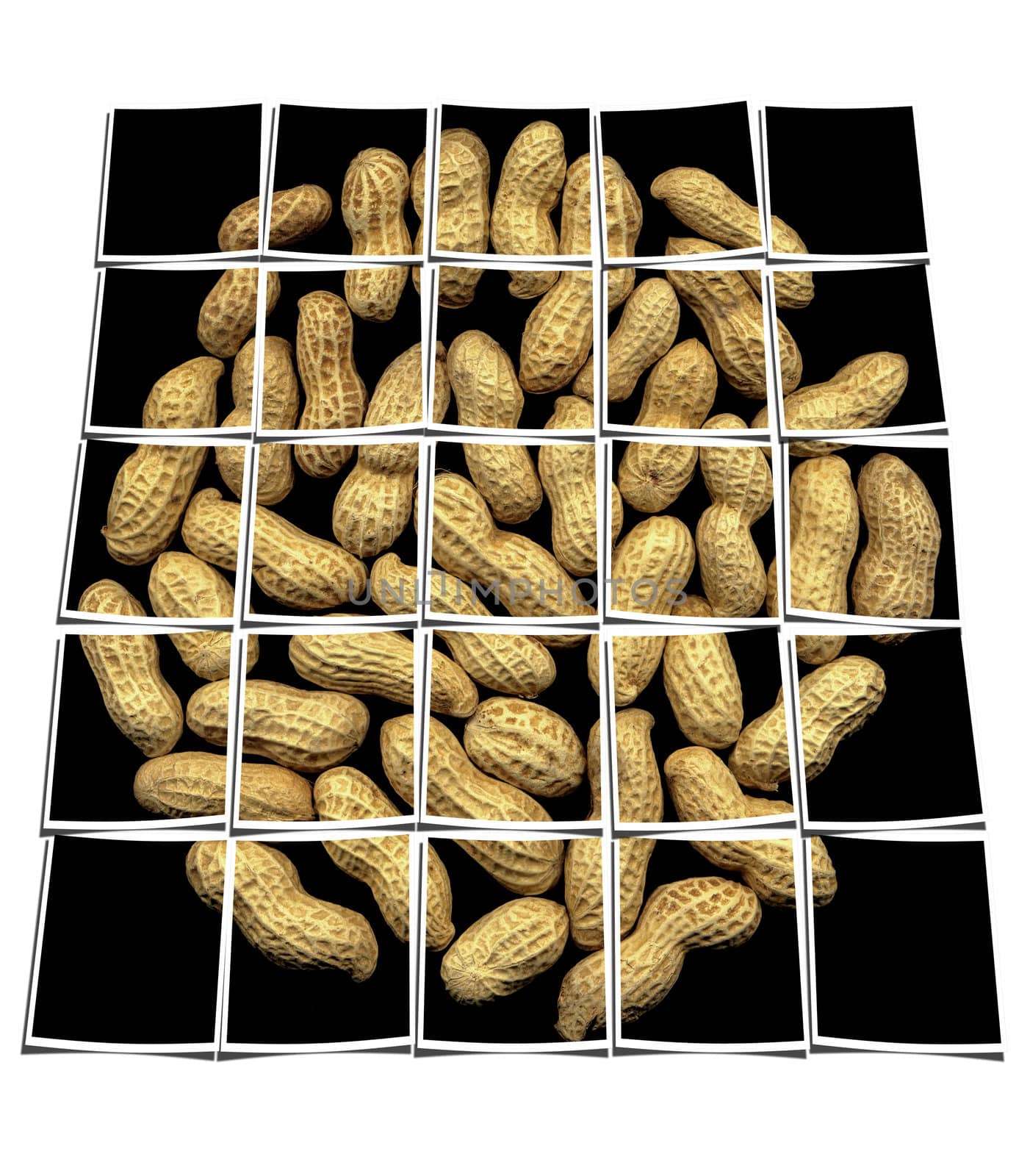 peanuts on black background collage composition of multiple images over white