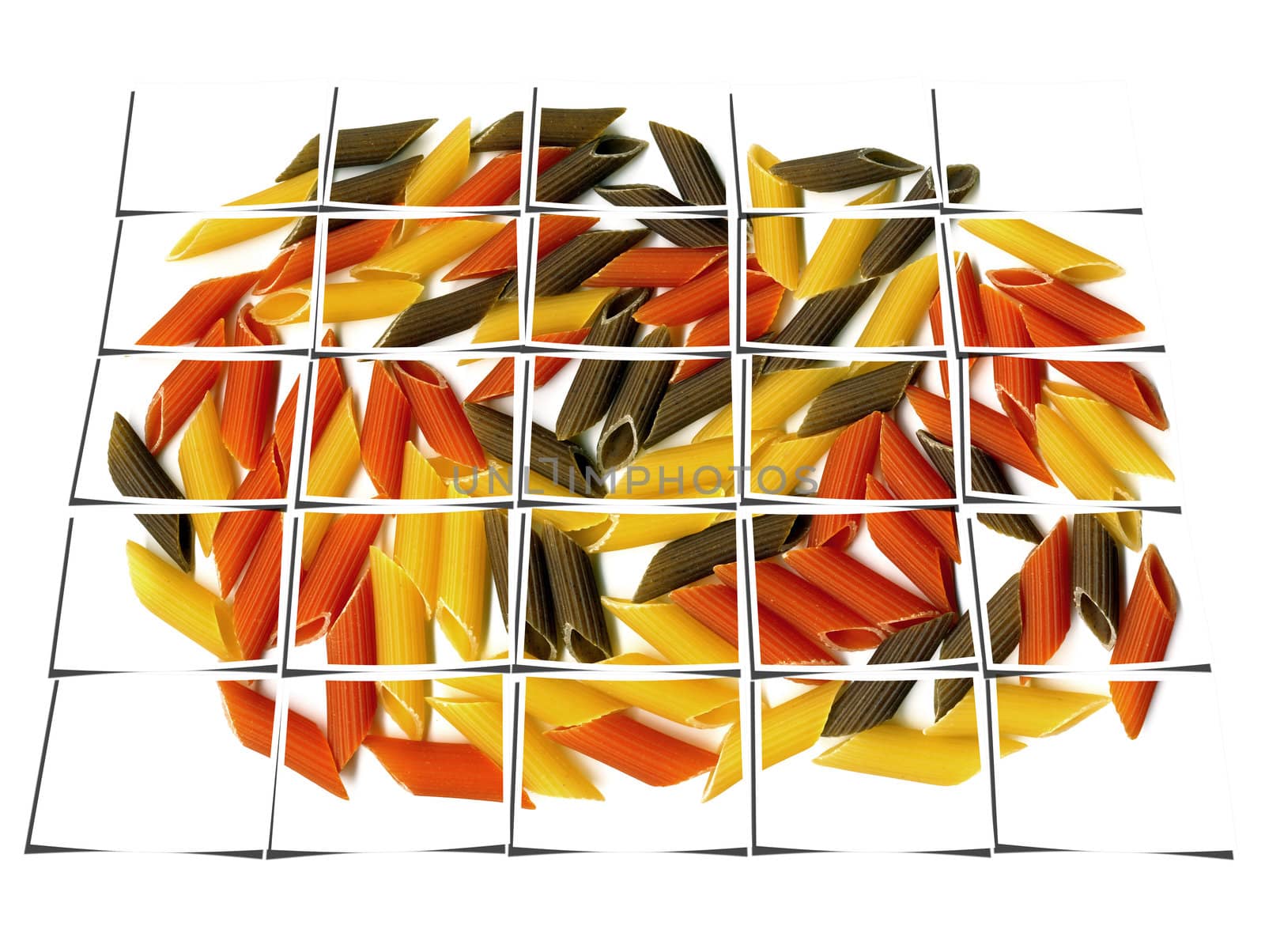  penne italian pasta on white background collage composition of multiple images over white