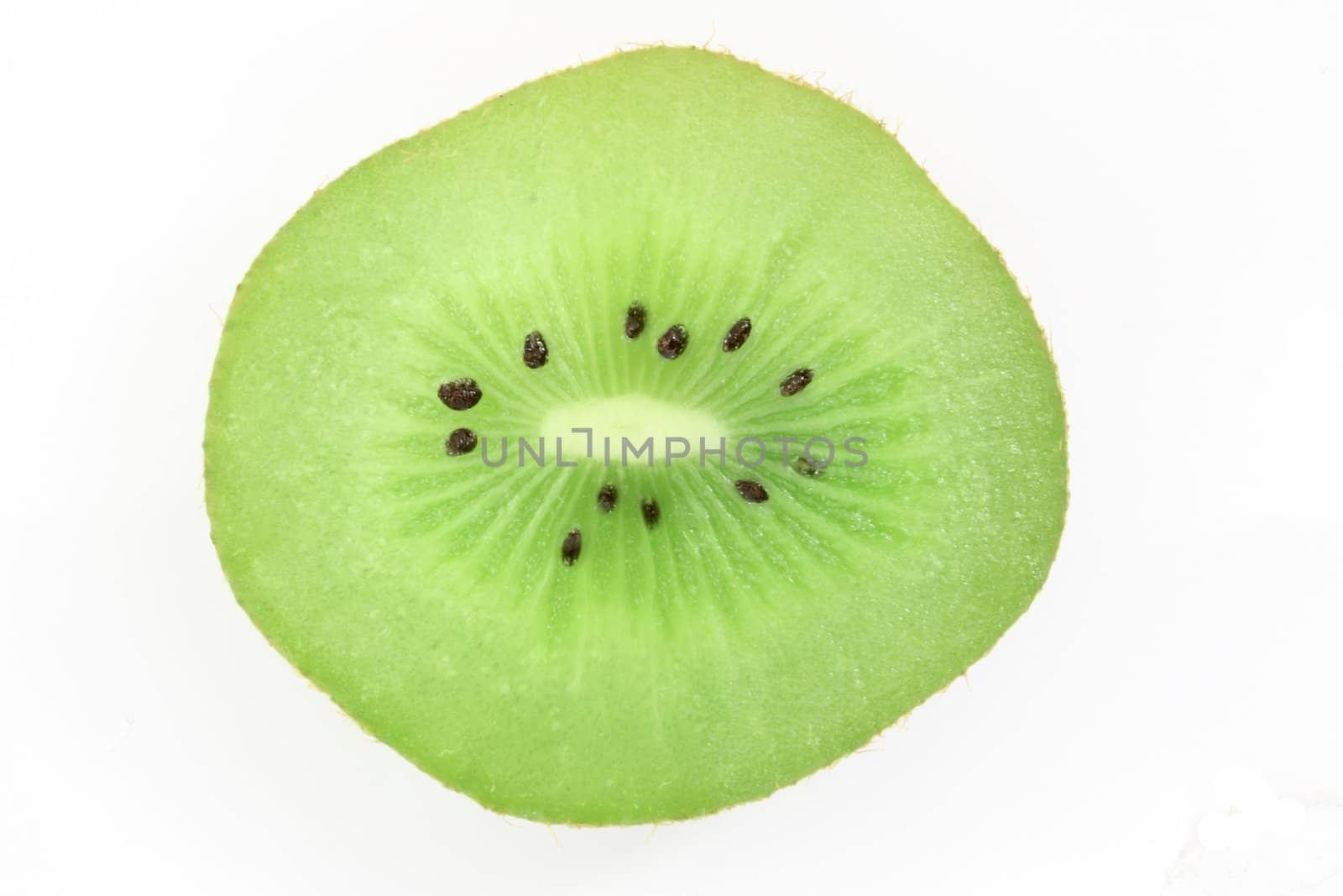 Closeup of Kiwifruit slice isolated in white.