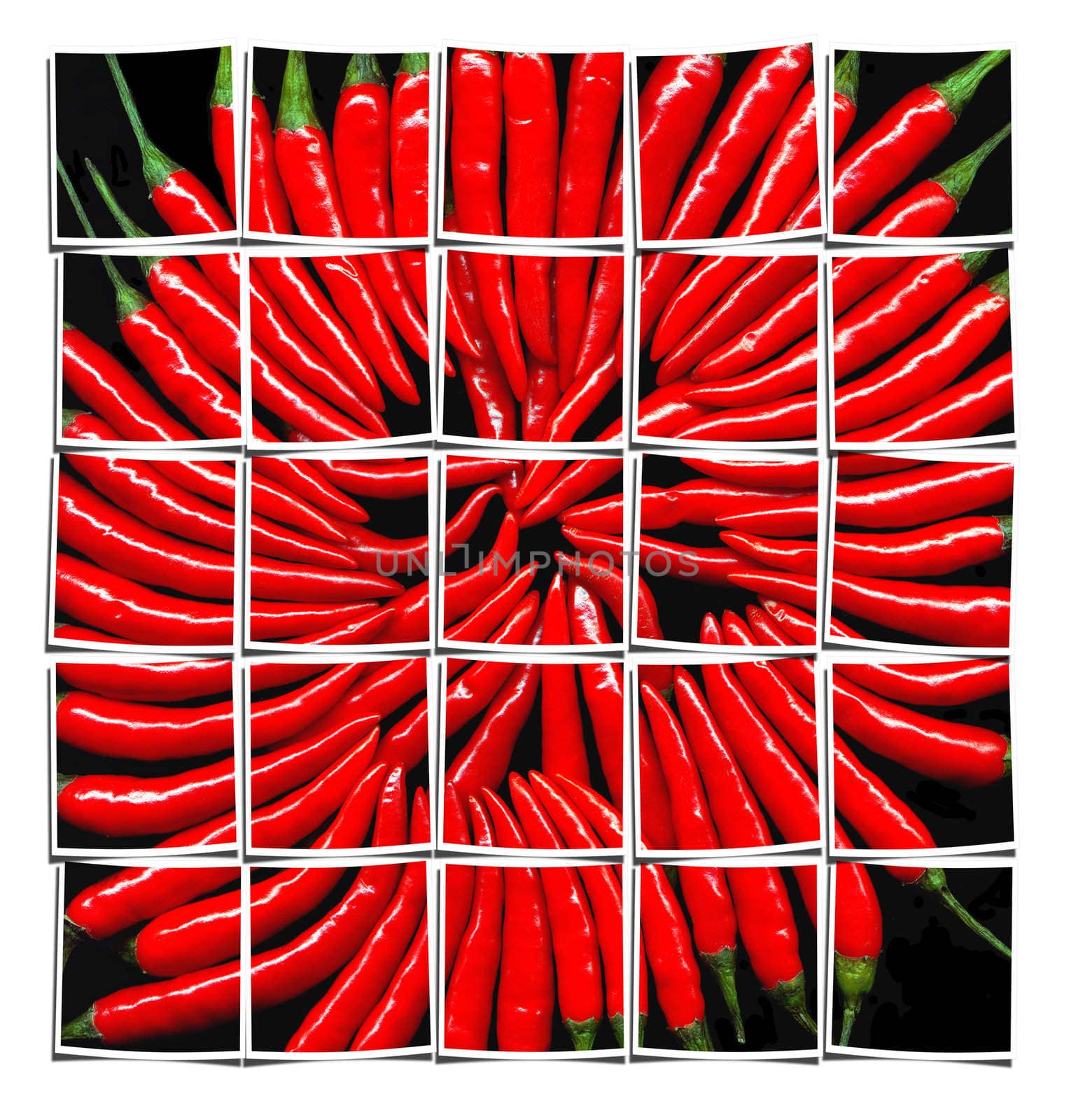 red chili peppers on black background collage composition of multiple images over white