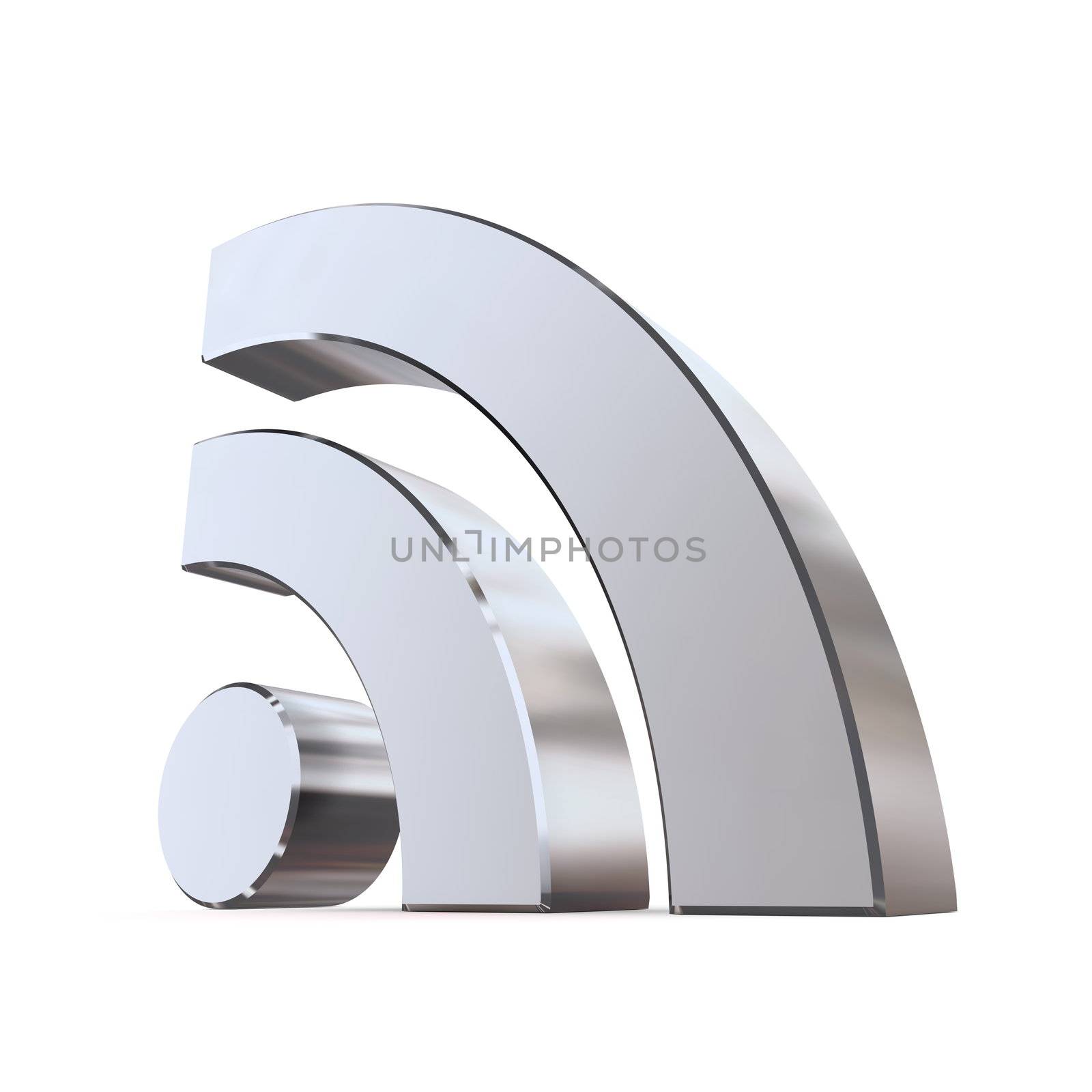 shiny metallic RSS symbol rendered in 3D on white ground