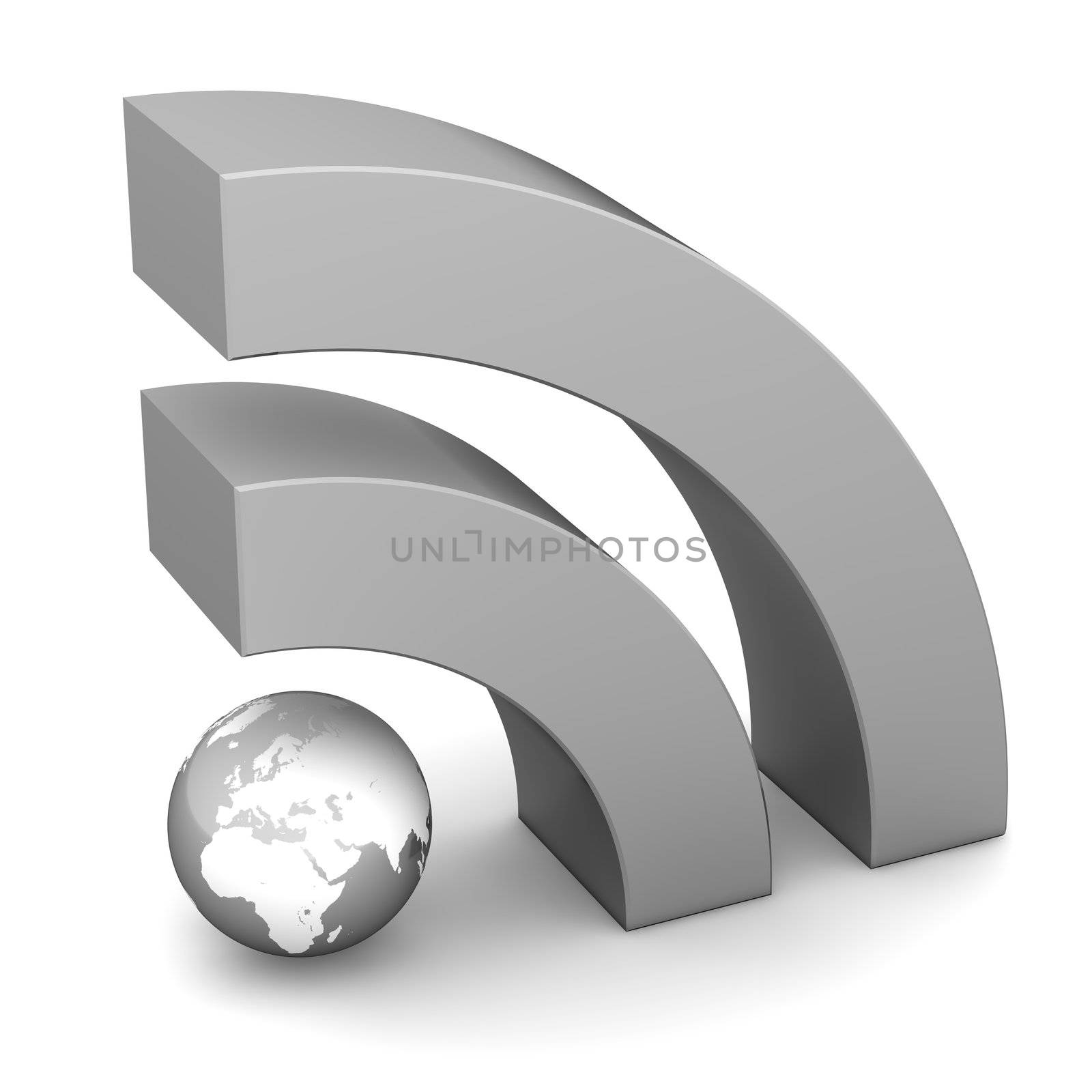 shiny metallic grey RSS symbol rendered in 3D on white ground