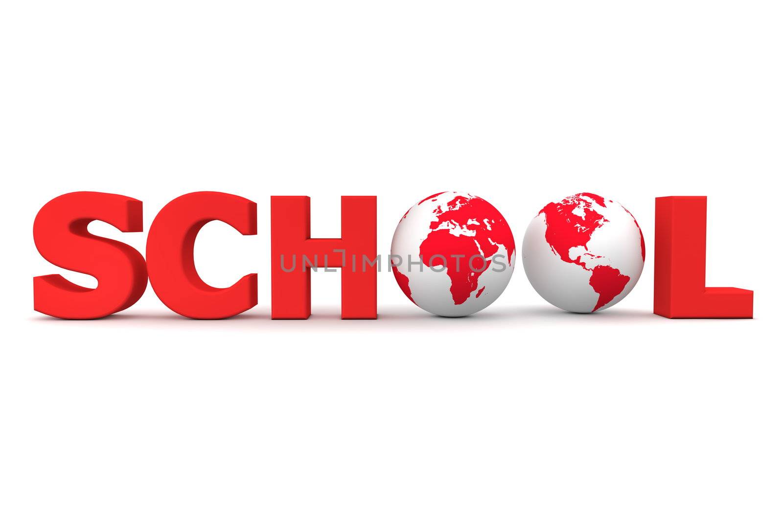 red word SCHOOL with two 3D globes replacing the letters O