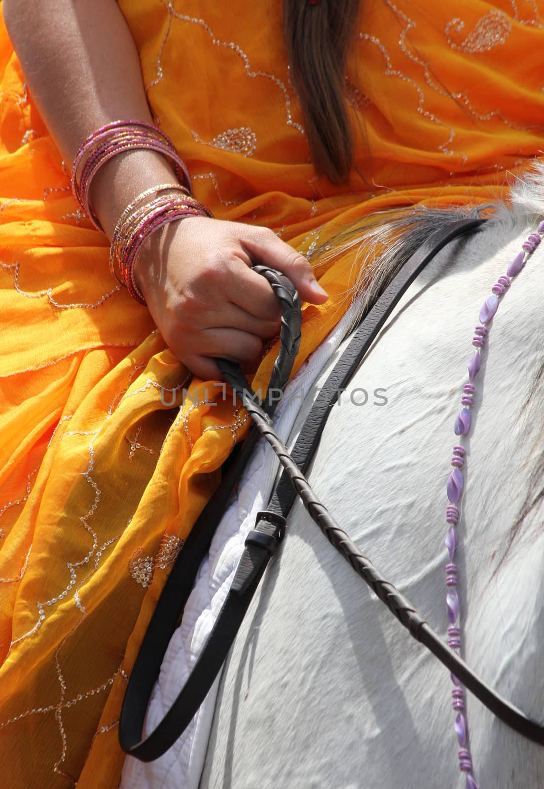 Krishna devotee with a white horse with reins.