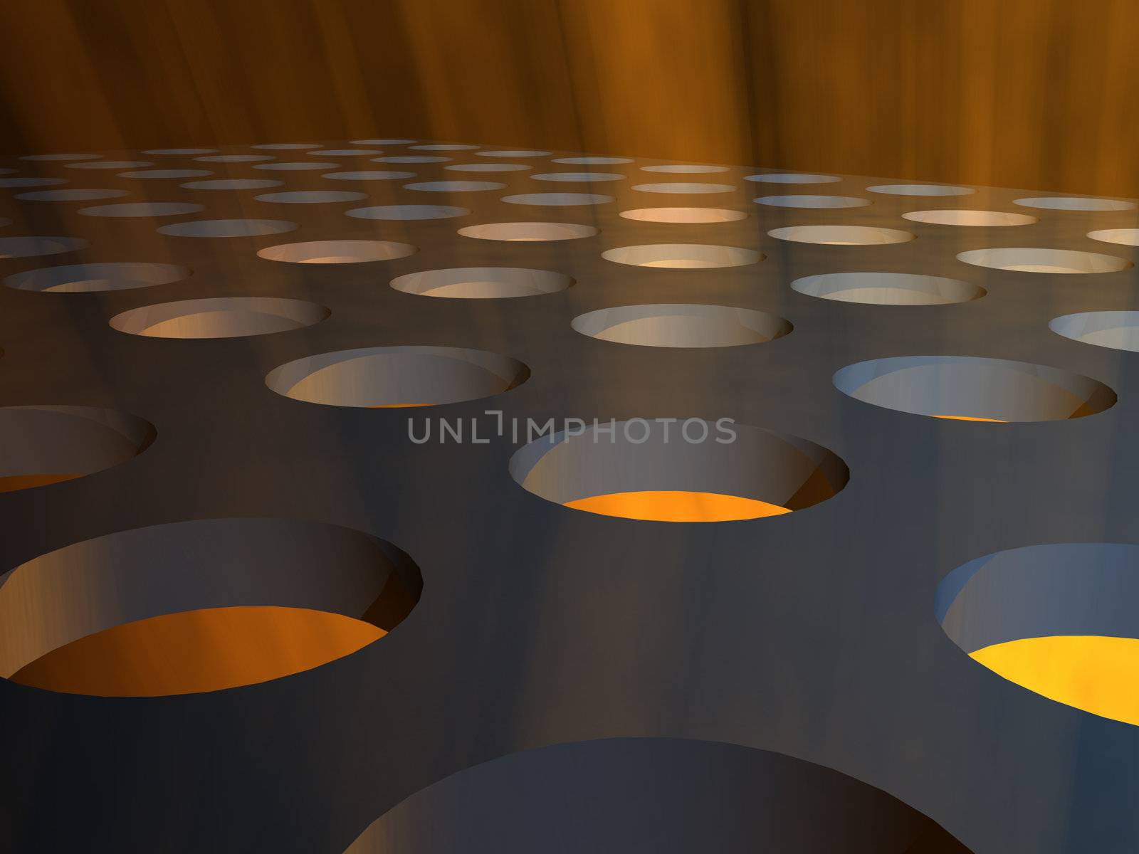 A close up of a grid stage floor with holes and rays of light streaming through.