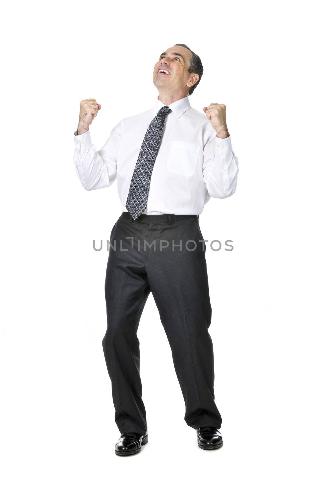 Happy celebrating business man in suit isolated on white background