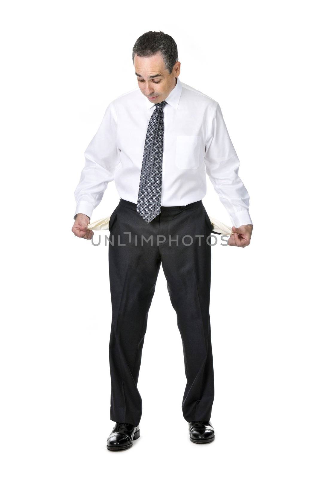 Broke business man in suit isolated on white background