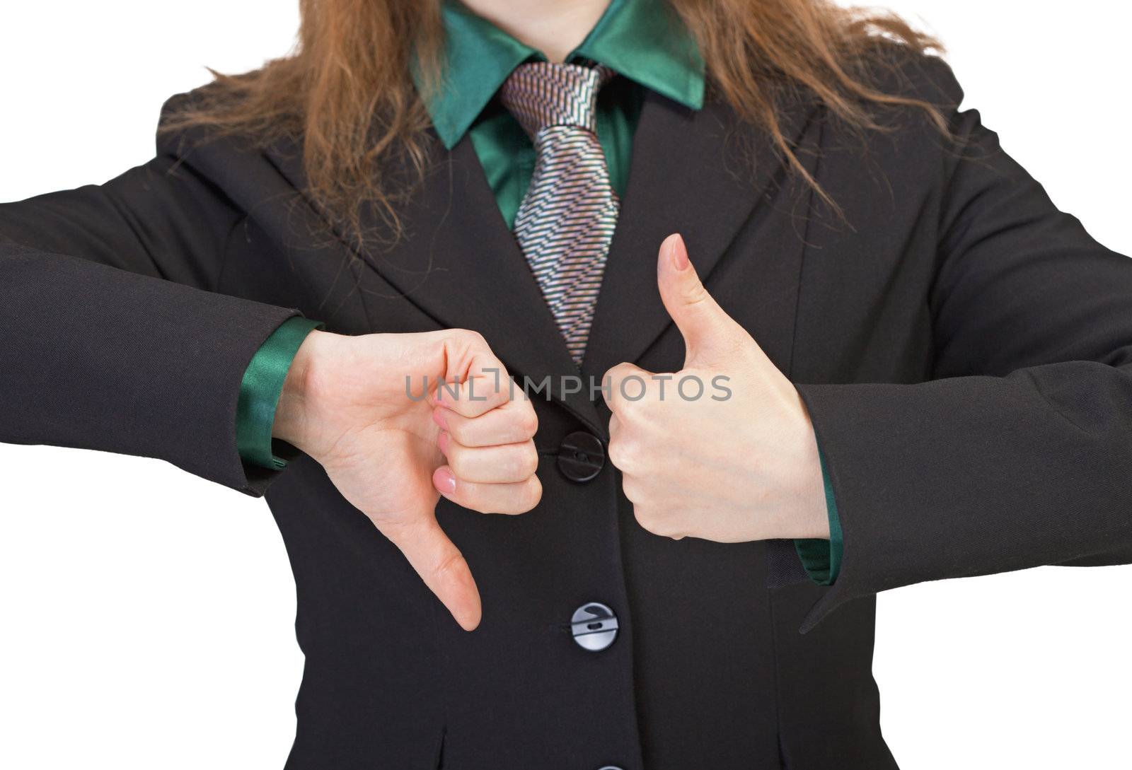 The woman shows gestures - thumbs upwards and downwards, isolated on white background