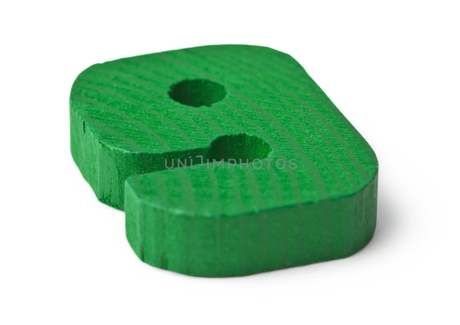 Small wooden green figure nine, isolated on white background
