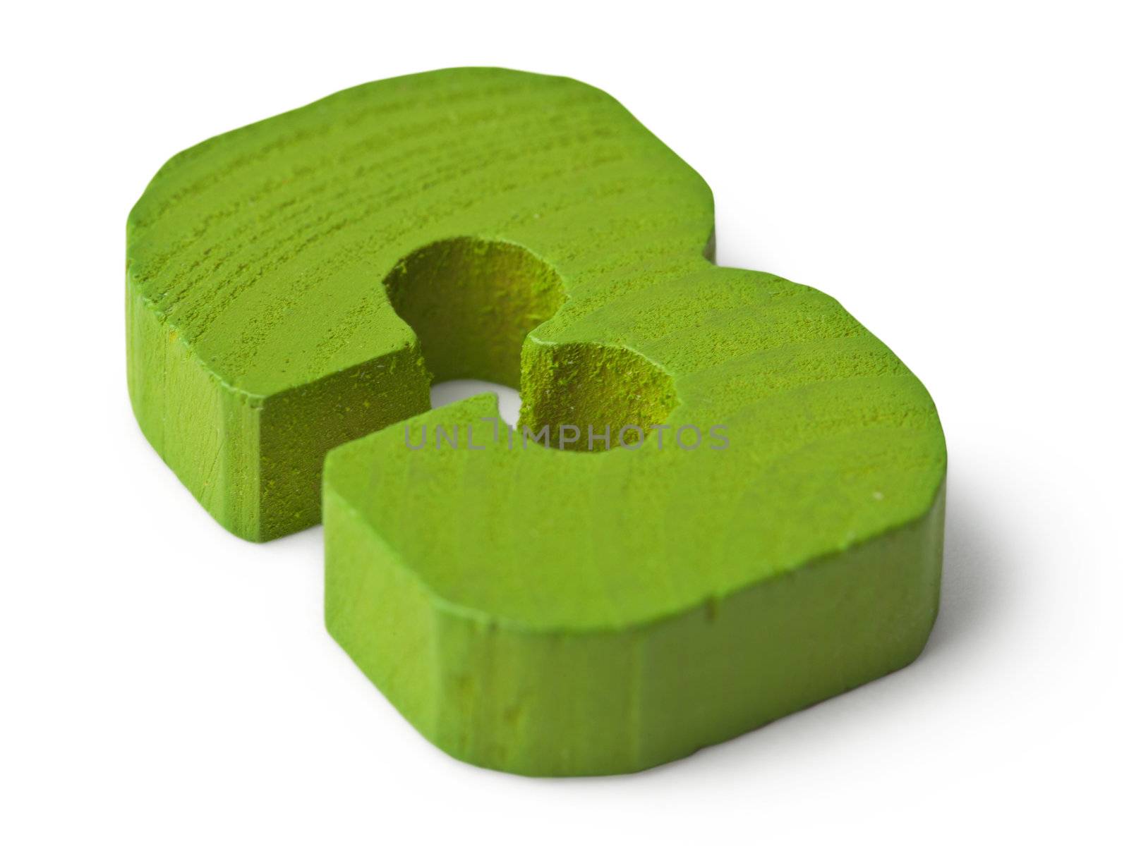 Small wooden green figure three, isolated on white background