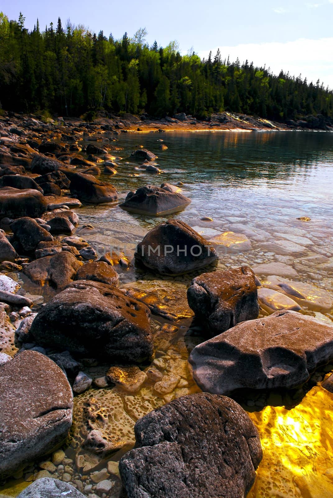 Rocks in clear golden water of Georgian Bay at Bruce peninsula Ontario Canada