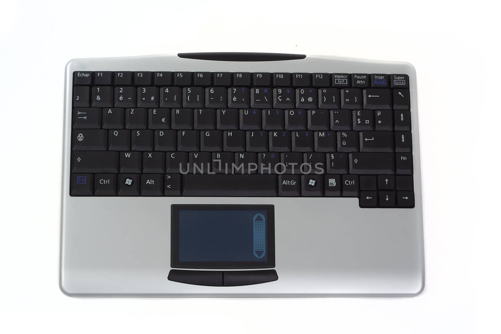 Straight view of grey wireless keyboard with touchpad, isolated over white background