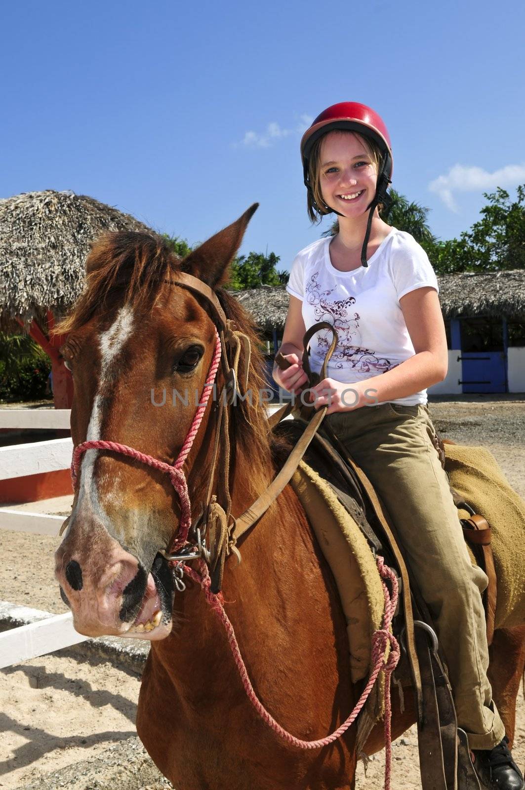 Young girl riding brown horse wearing helmet