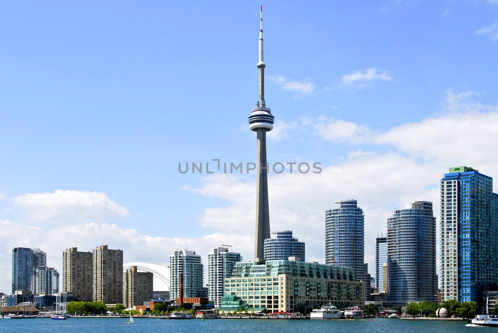 Toronto harbor skyline with CN Tower and skyscrapers