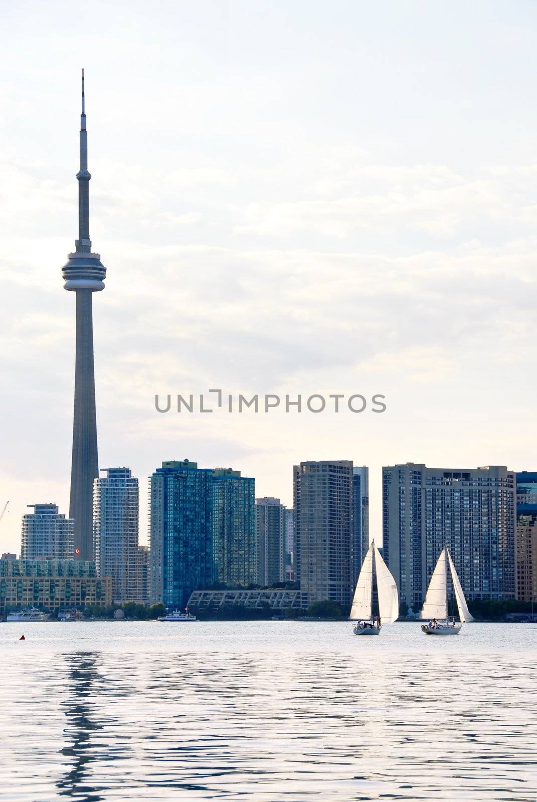 Toronto harbor skyline with CN Tower and skyscrapers