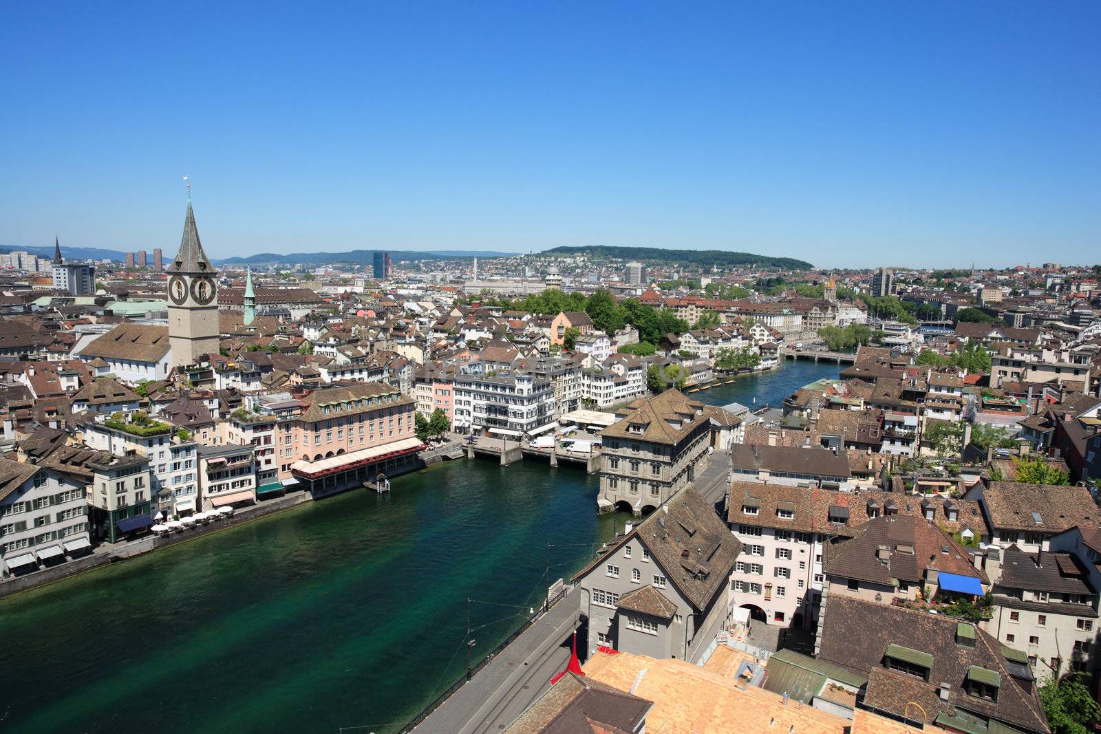 Cityscape of Zurich, Switzerland.  Taken from a church tower overlooking the Limmat River.