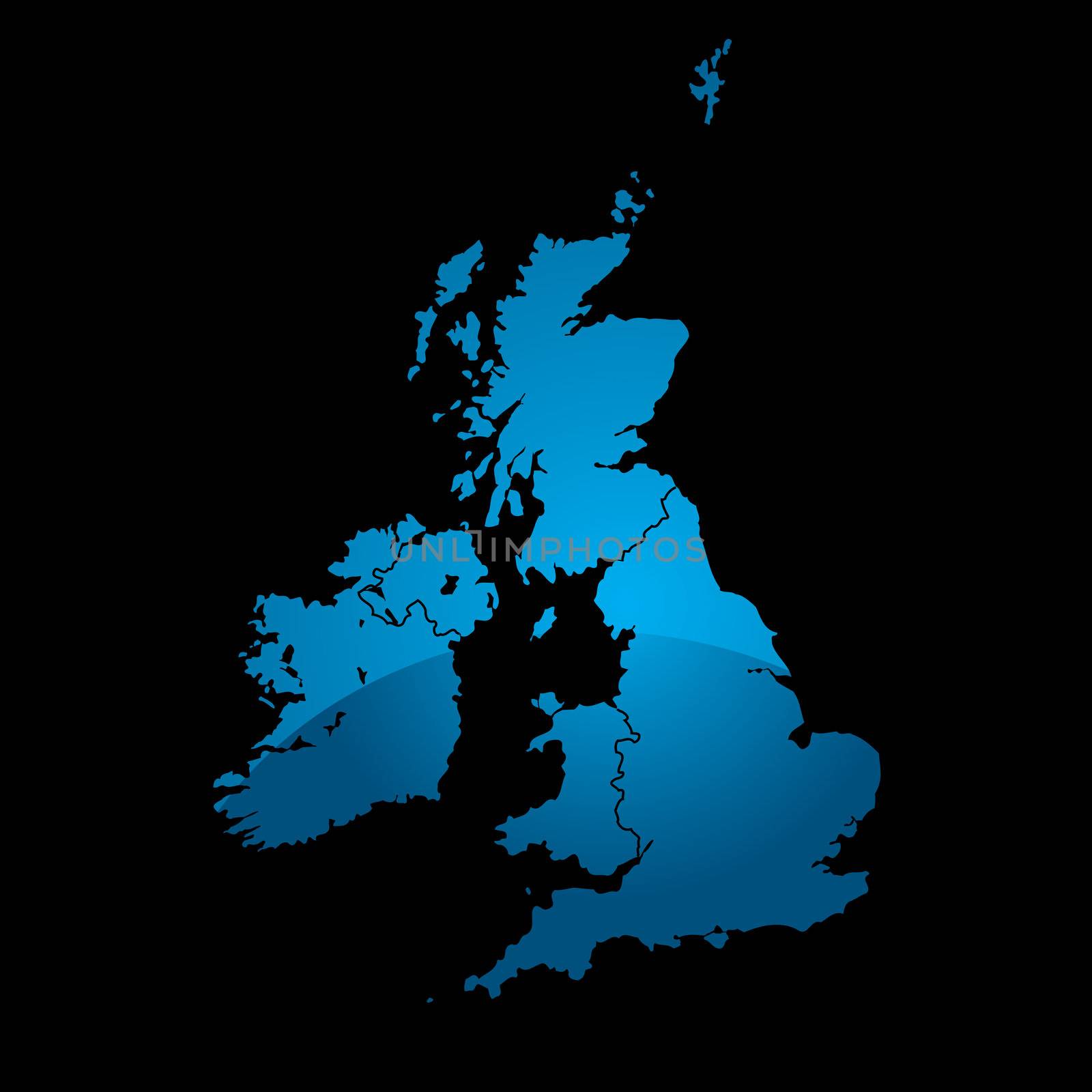 Blue map of the uk divided in two with a shadow and black background