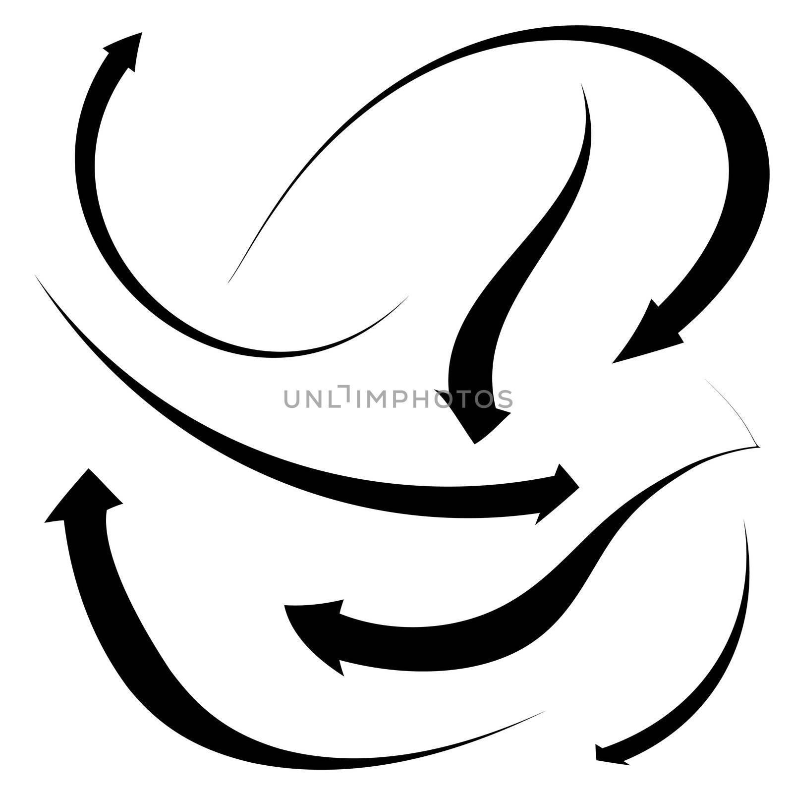 Collection of black arrows in various bended positions on a white background