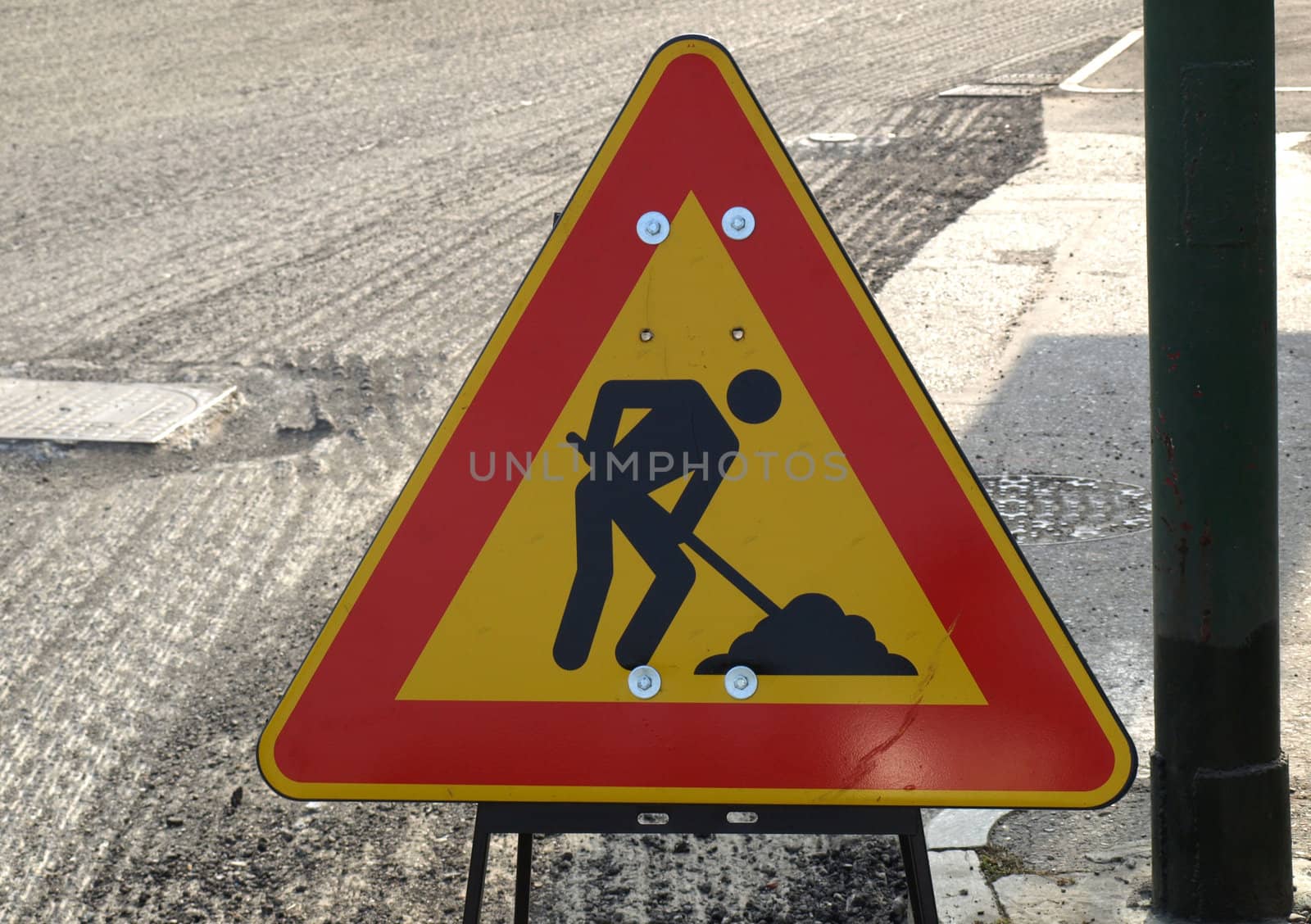 Road works with traffic sign