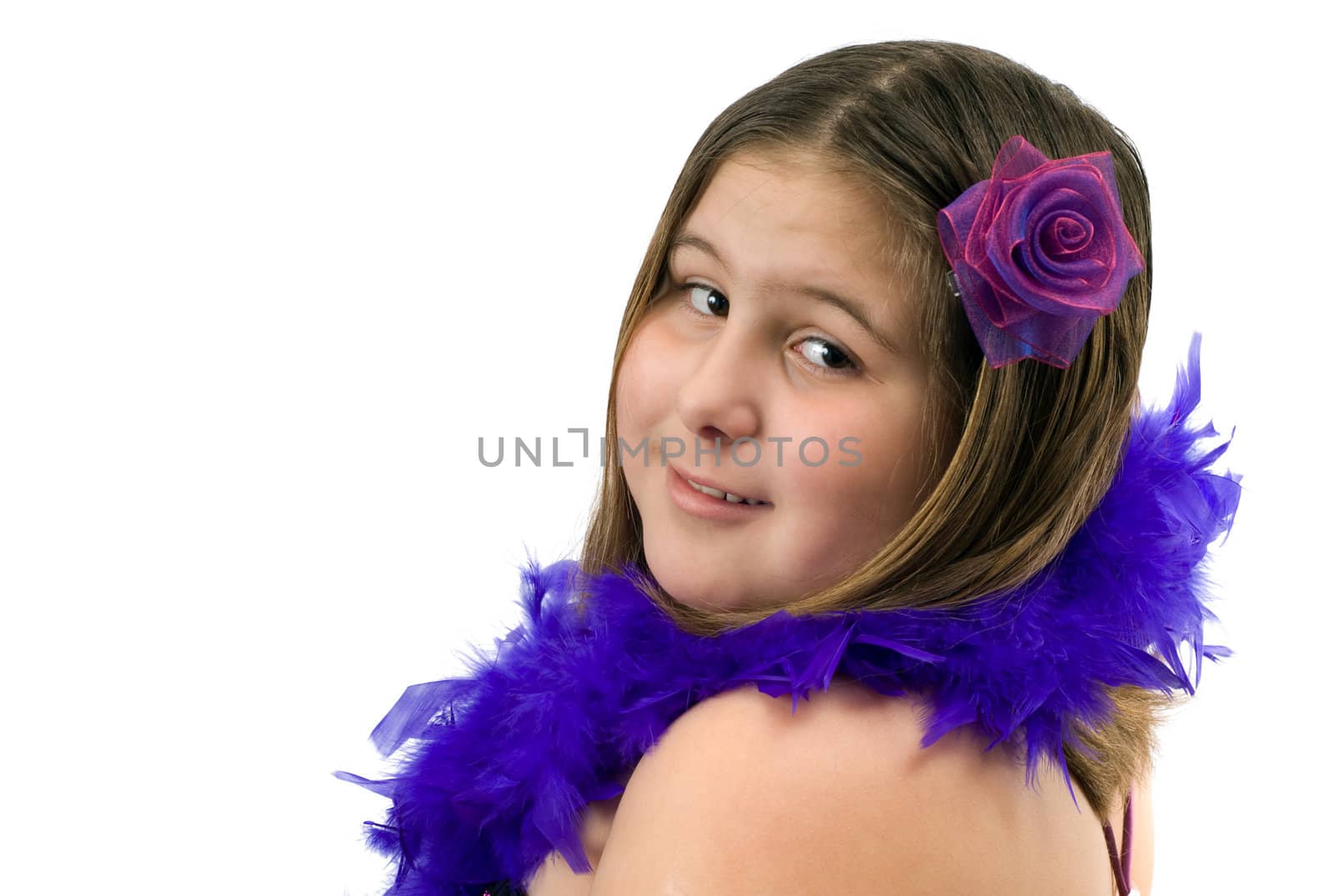 Closeup view of a girl wearing a feather boa, isolated against a white background