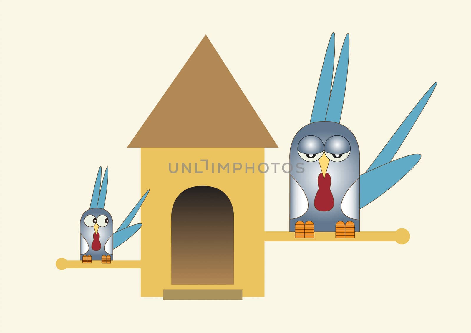 A Hand drawn Illustration of two blue coloured stylized birds with blue head and tail feathers, perched either side of a bird house, set on a plain cream background.
