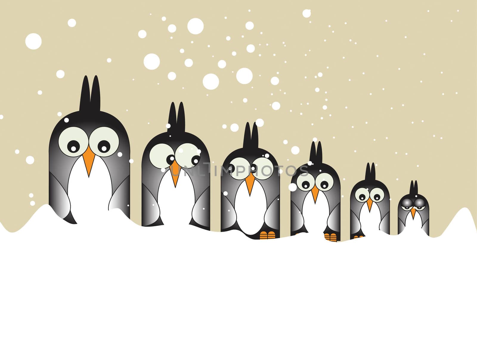 A Hand drawn Illustration of six stylized penguin birds set in a row looking forward. Set on a white snowy foreground, with falling snow over a sky background.